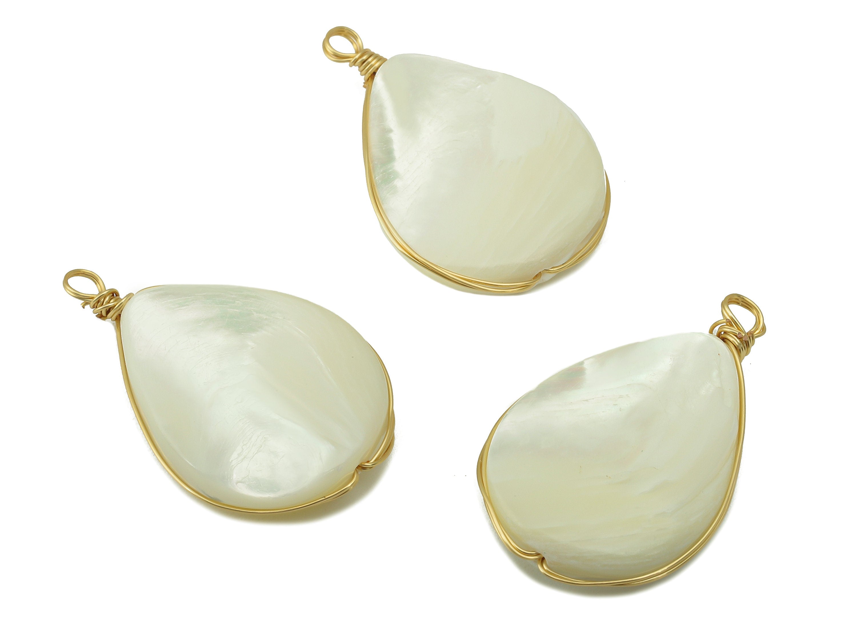 Shell Earring Charm - Brass White Mother of Pearl Shell - Teardrop Natural Stone - Gold Tone Plated - 25.44 x 15.46 x 5.25mm-NS1895 - DOMEDBAZAAR