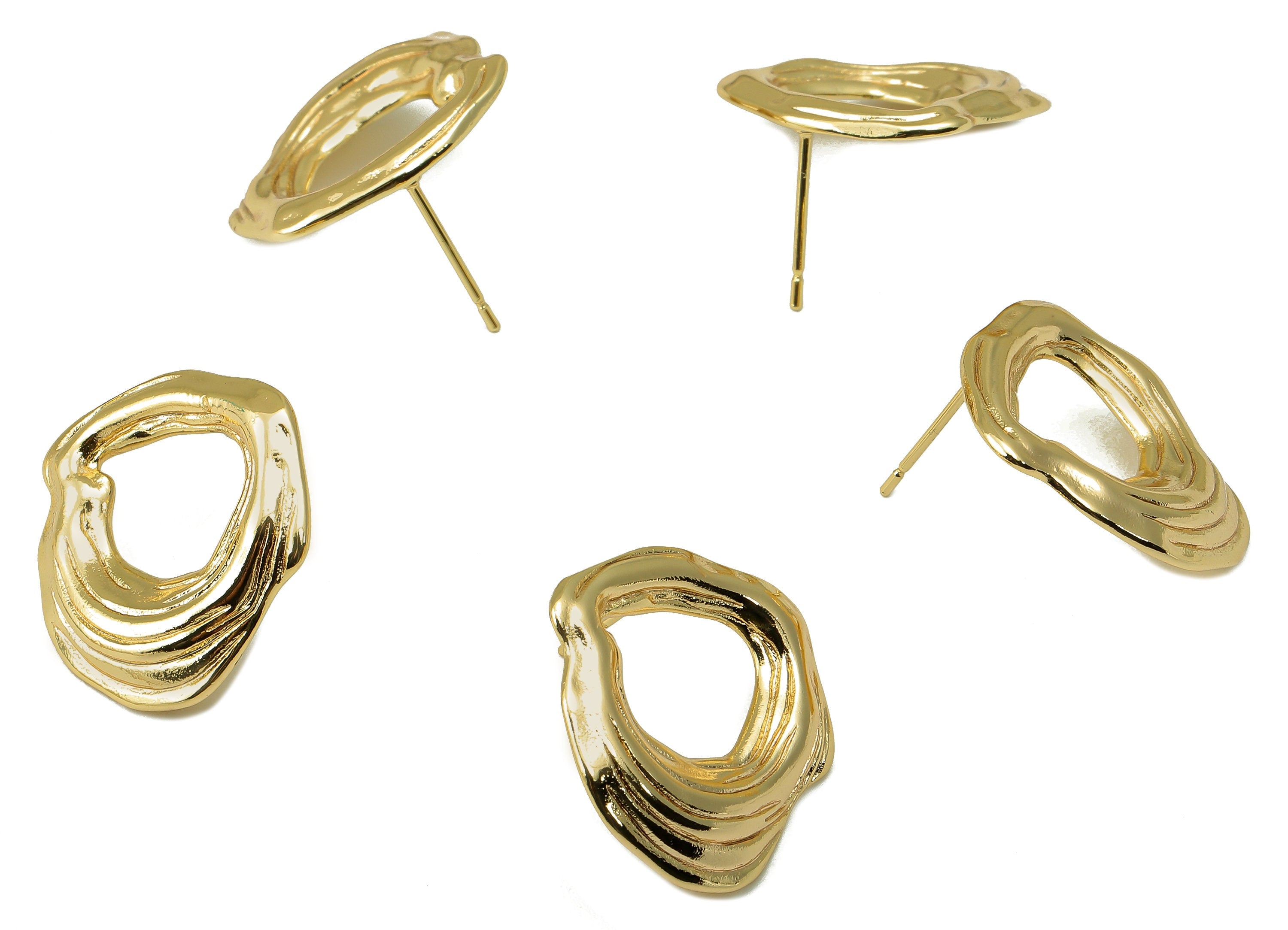 Brass Irregular Stud Earring - Textured Circle Earring with Loop - Wavy Round Earring Post - 18K Real Gold Plating-21x19x1mm-RGP6172 - DOMEDBAZAAR