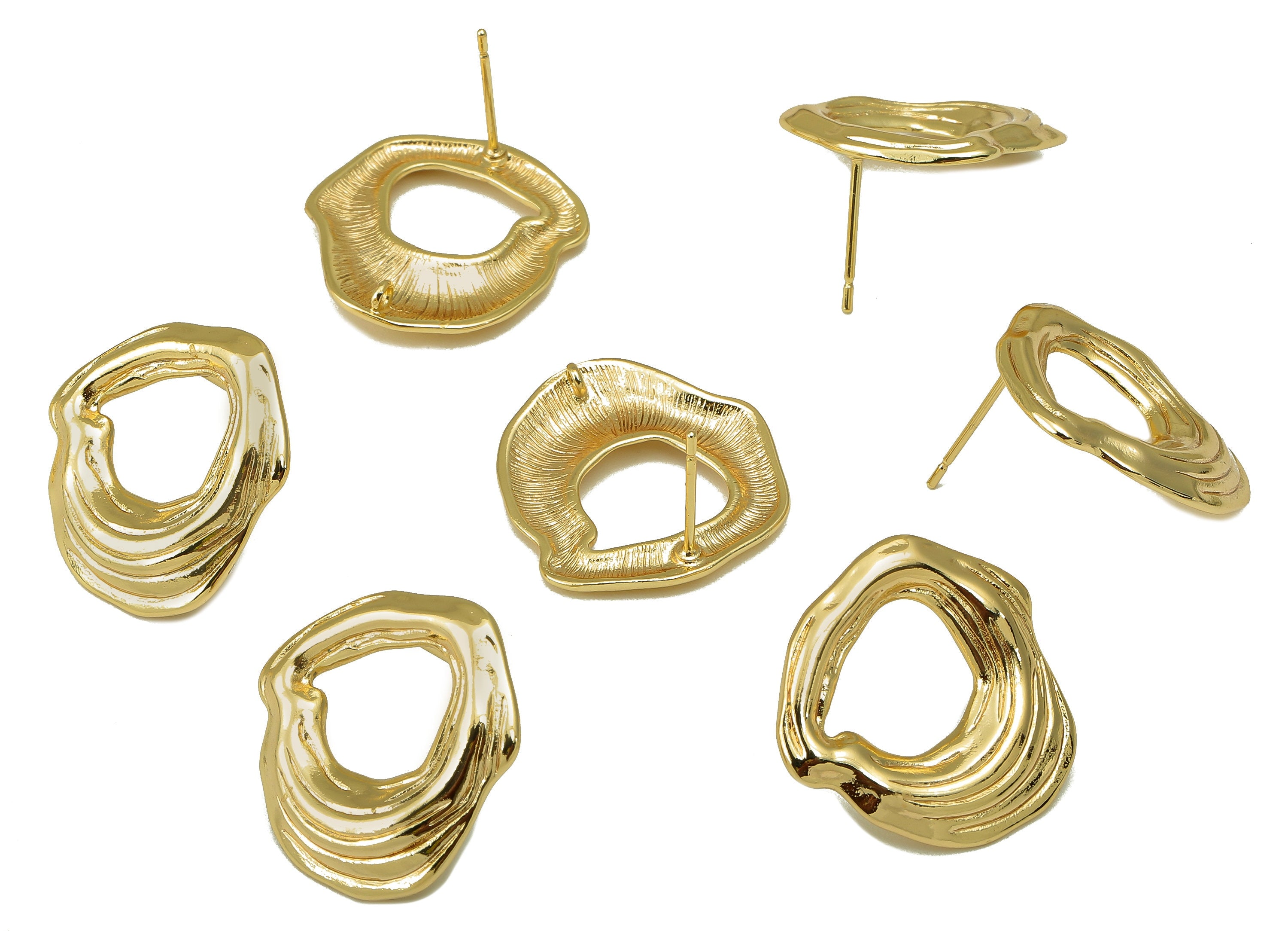 Brass Irregular Stud Earring - Textured Circle Earring with Loop - Wavy Round Earring Post - 18K Real Gold Plating-21x19x1mm-RGP6172 - DOMEDBAZAAR