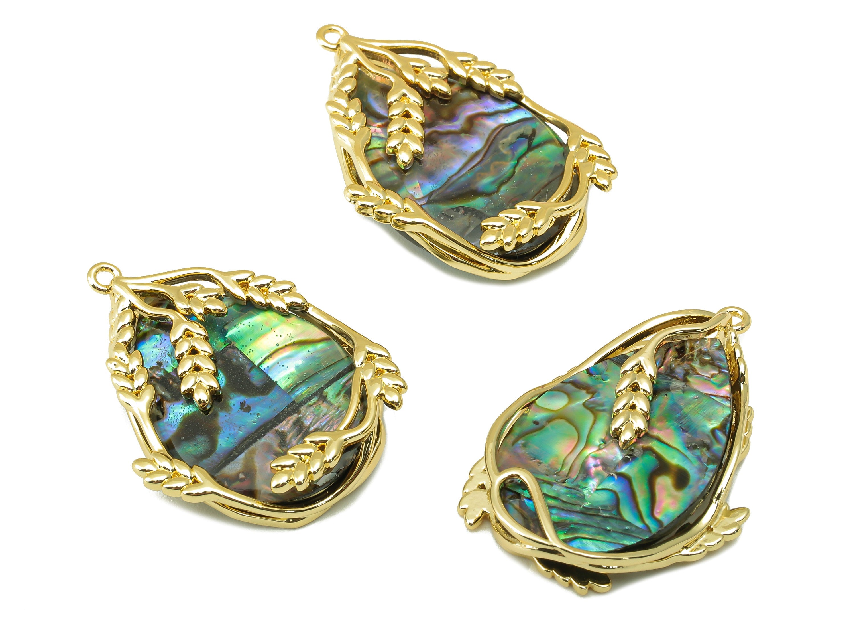 Abalone Earring Charm - Abalone Pedant - Ear of Wheat Earring Charm - Natural Stone - Gold Tone Plated - 31.7 x 22.77 x 3.29mm-NS1905 - DOMEDBAZAAR