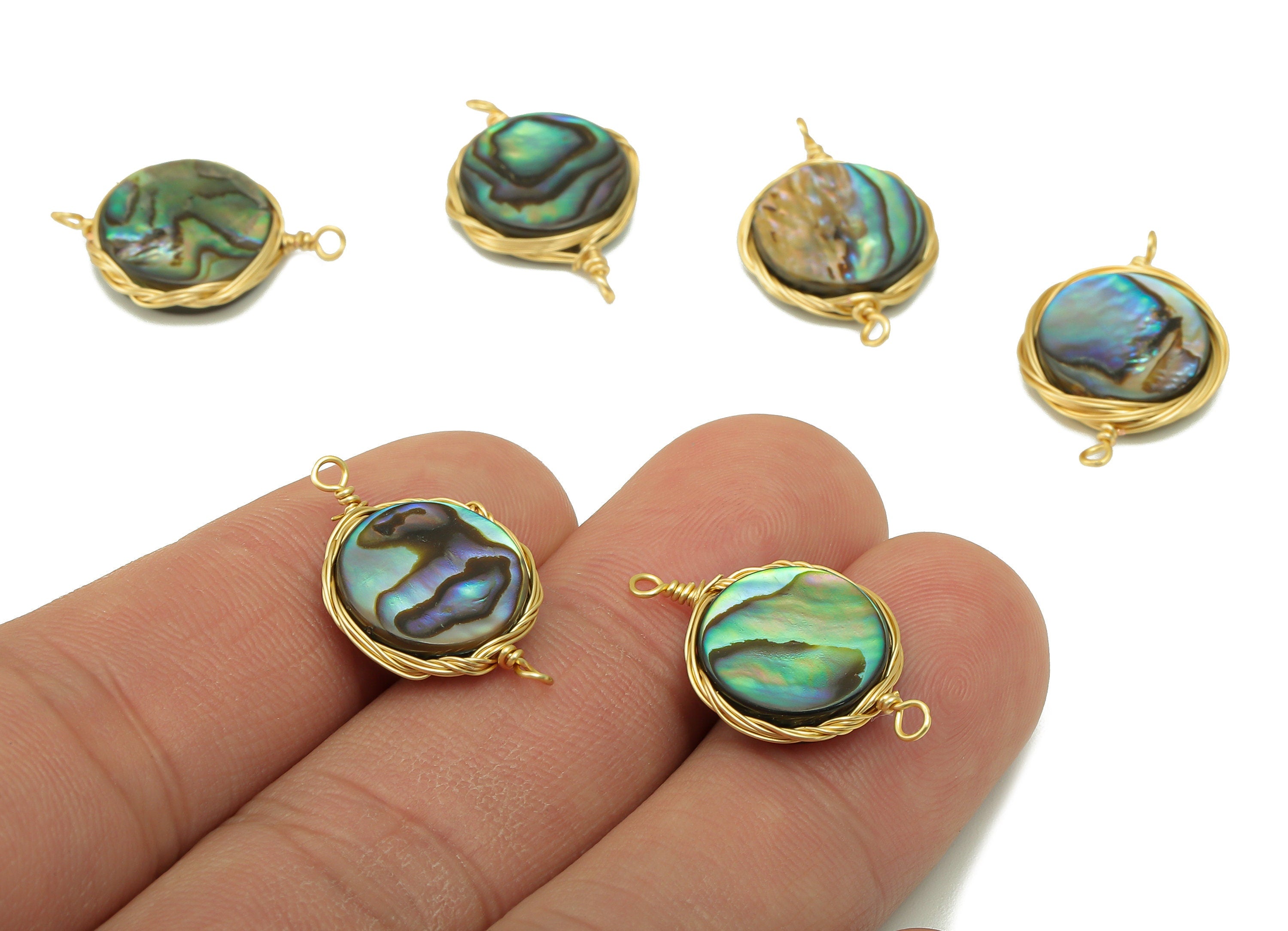 brass Abalone Earring Connector - Brass Rectangle Abalone Pendant - Brass Wire Wrapped Natural Stone - Gold Tone Plated - 20x14x3.5mm-NS1906 - DOMEDBAZAAR