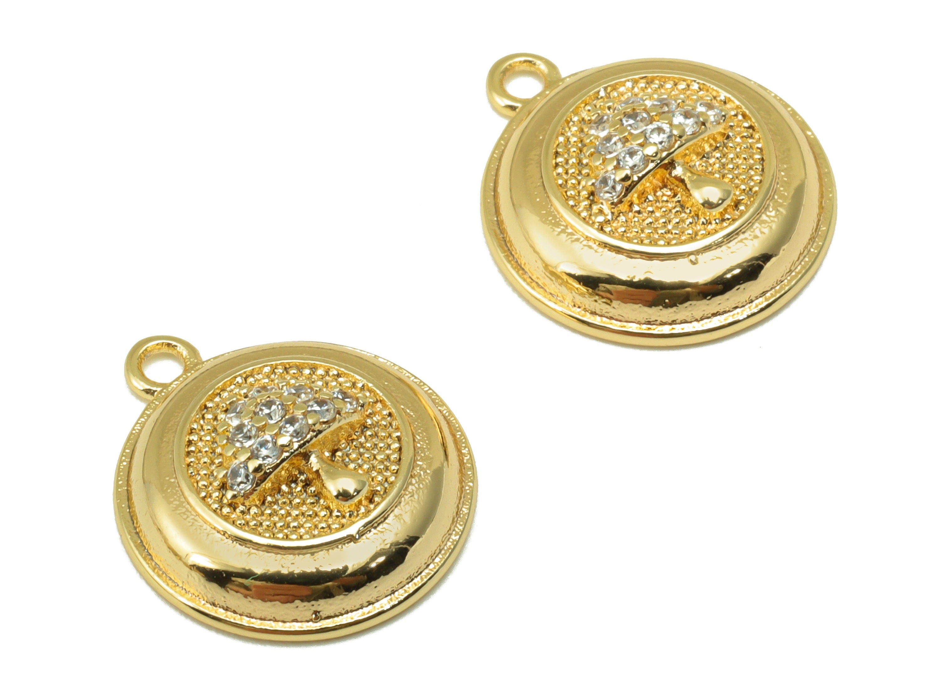 Brass Round Earring Charm – Brass Mushroom Pendant- Cubic Zirconia Charm - Earring Charm -18K Real Gold Plated - 15.75x13.46x1.36mm- RGP6508 - DOMEDBAZAAR