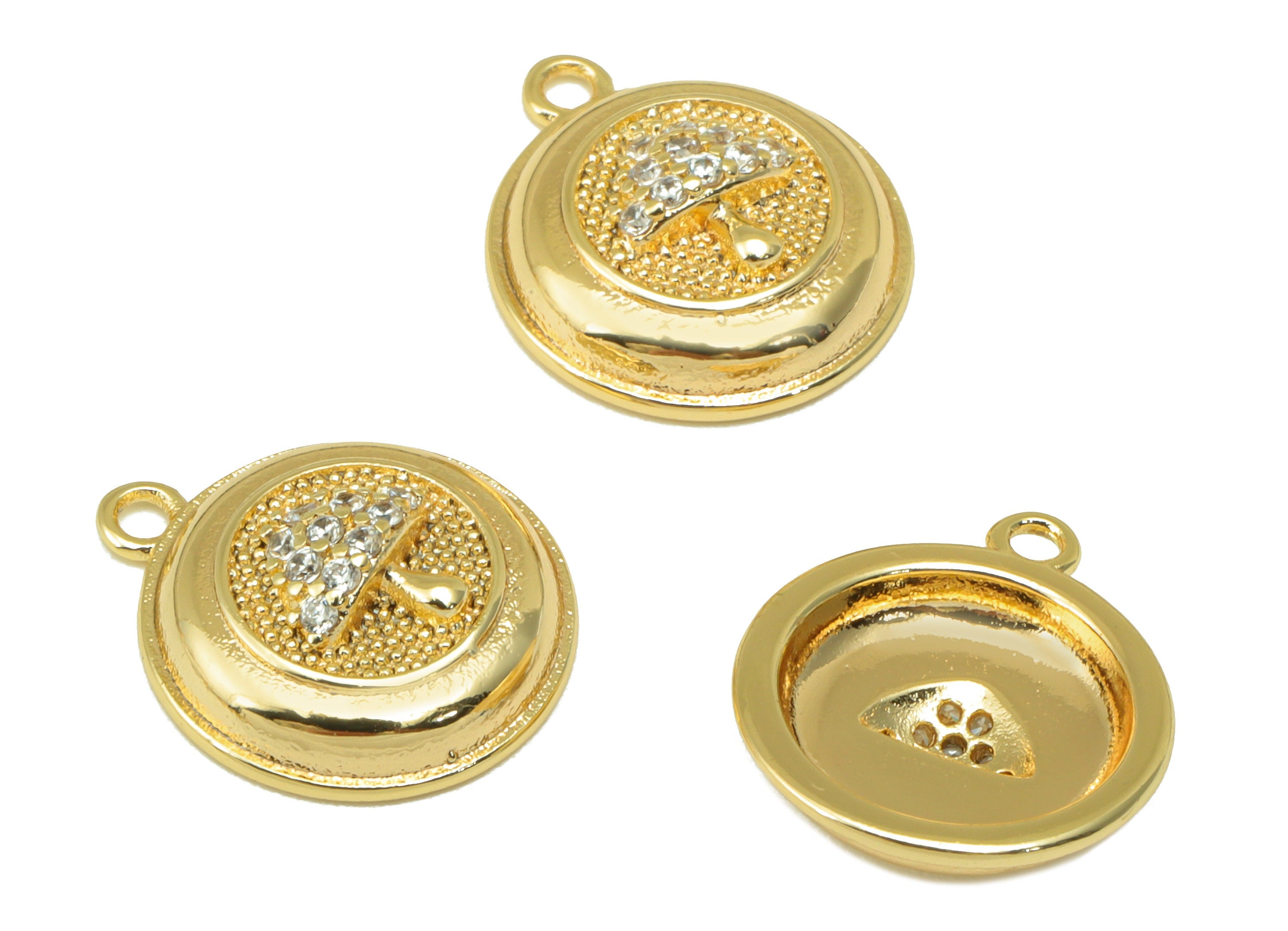 Brass Round Earring Charm – Brass Mushroom Pendant- Cubic Zirconia Charm - Earring Charm -18K Real Gold Plated - 15.75x13.46x1.36mm- RGP6508 - DOMEDBAZAAR