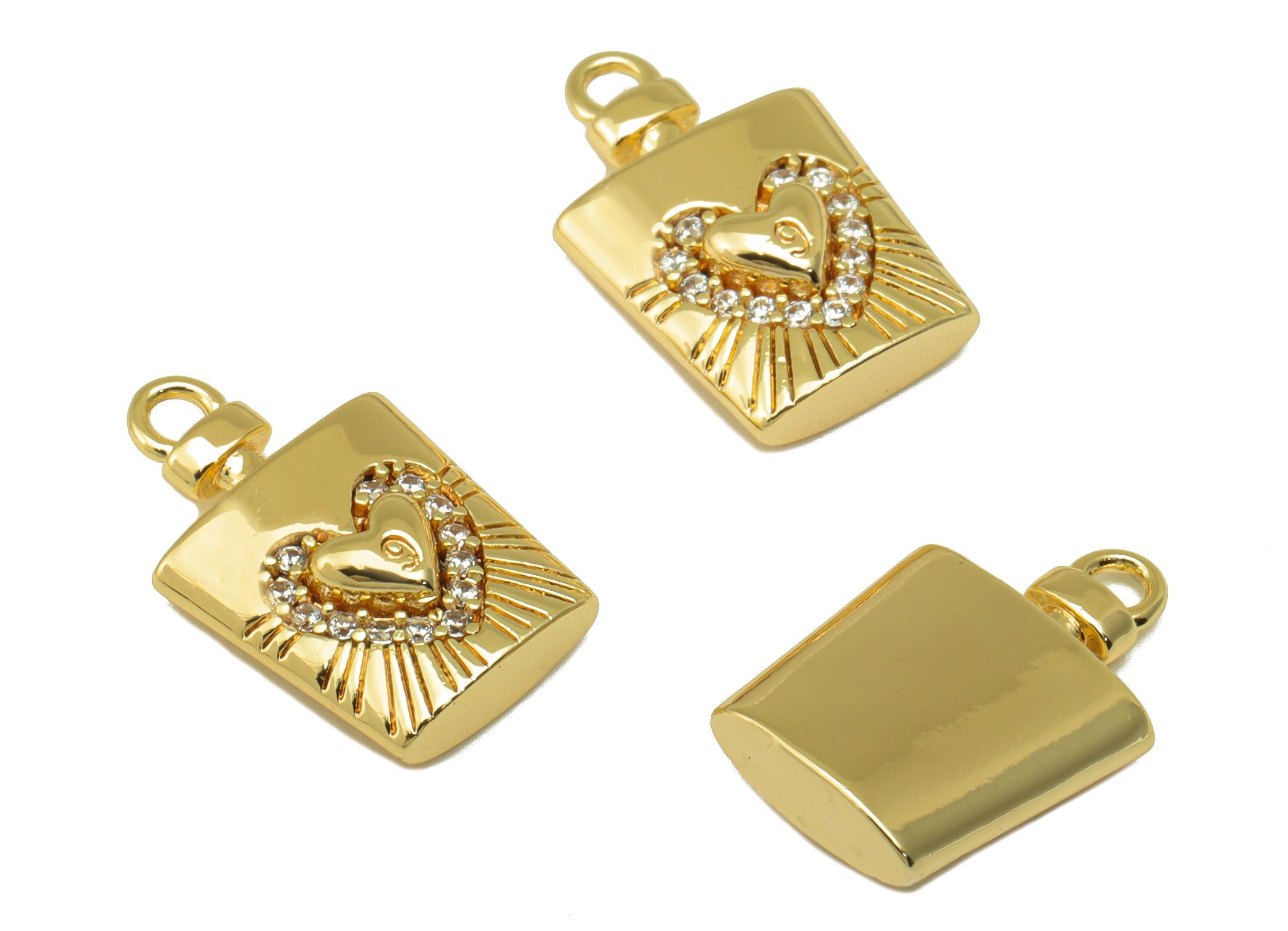 Brass Flagon Earring - Brass Cubic Zirconia Heart Pendant - CZ Textured Perfume Necklace -18K Real Gold Plated - 15x 9.85x3.89mm- RGP6516 - DOMEDBAZAAR