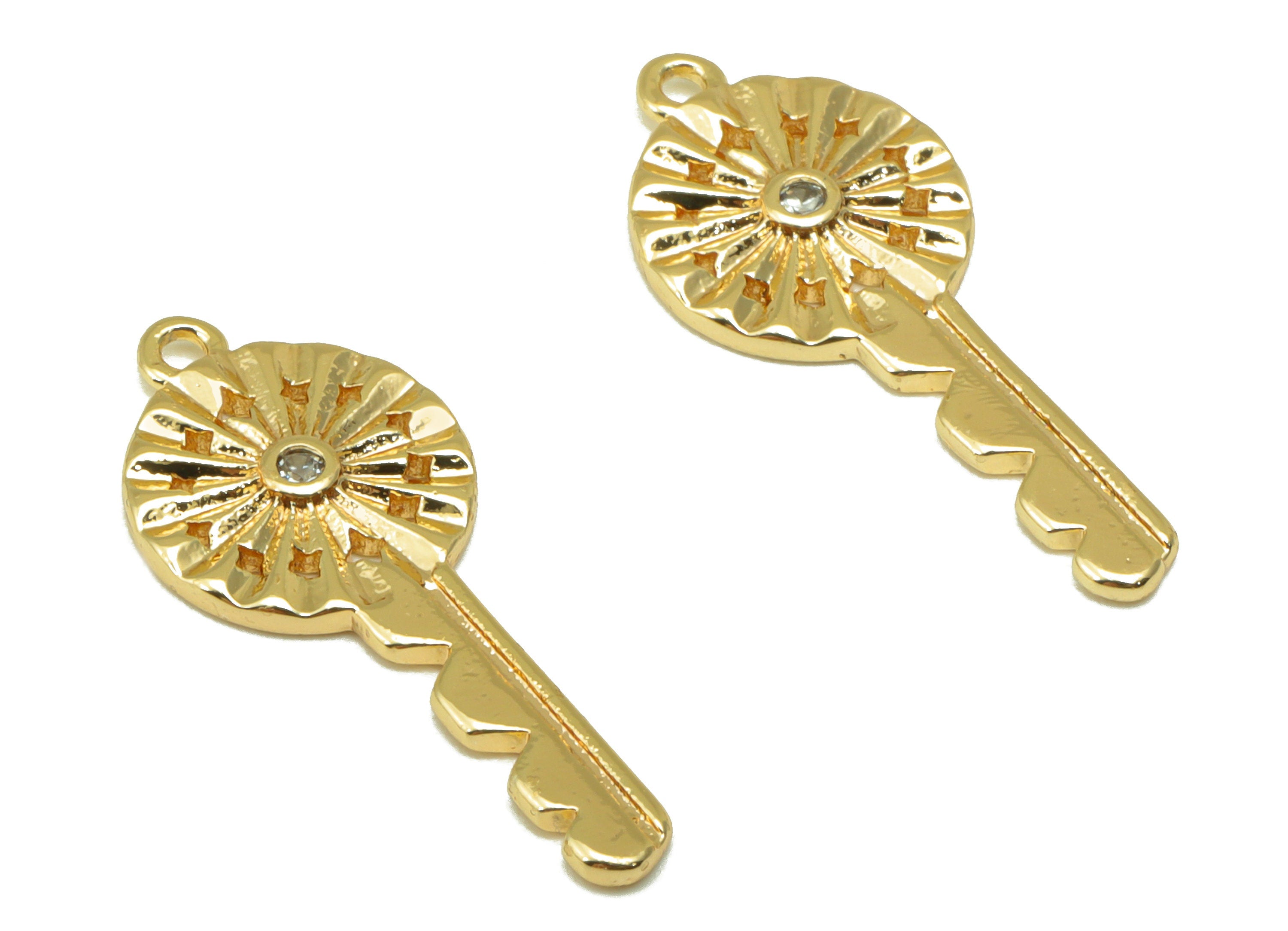 Brass Key Earring Charm - Cubic Zirconia Charm - Textured Star Earring Charm - For Necklace - 18K Real Gold Plated - 24x10x 1.68mm- RGP6518 - DOMEDBAZAAR