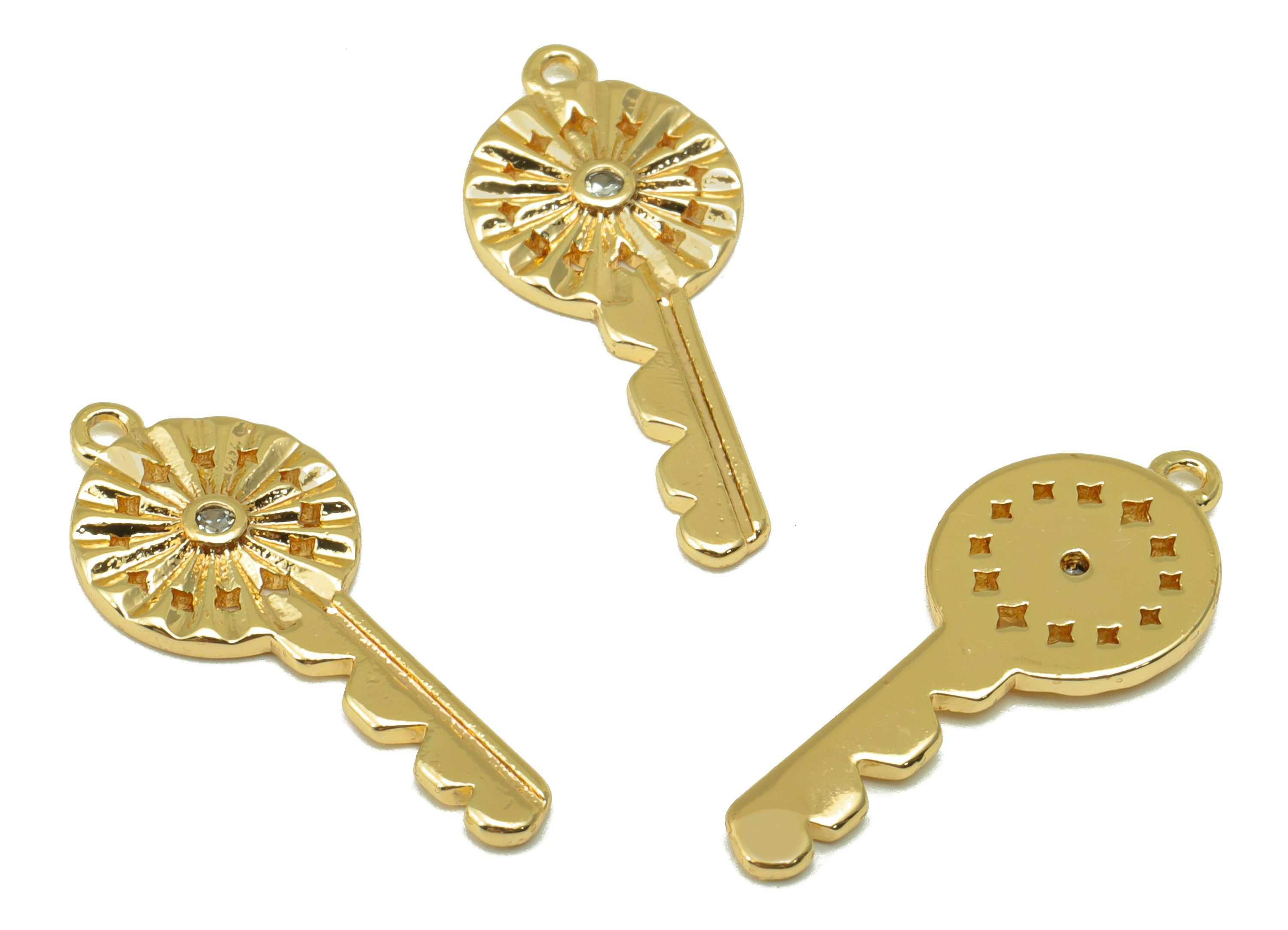 Brass Key Earring Charm - Cubic Zirconia Charm - Textured Star Earring Charm - For Necklace - 18K Real Gold Plated - 24x10x 1.68mm- RGP6518 - DOMEDBAZAAR