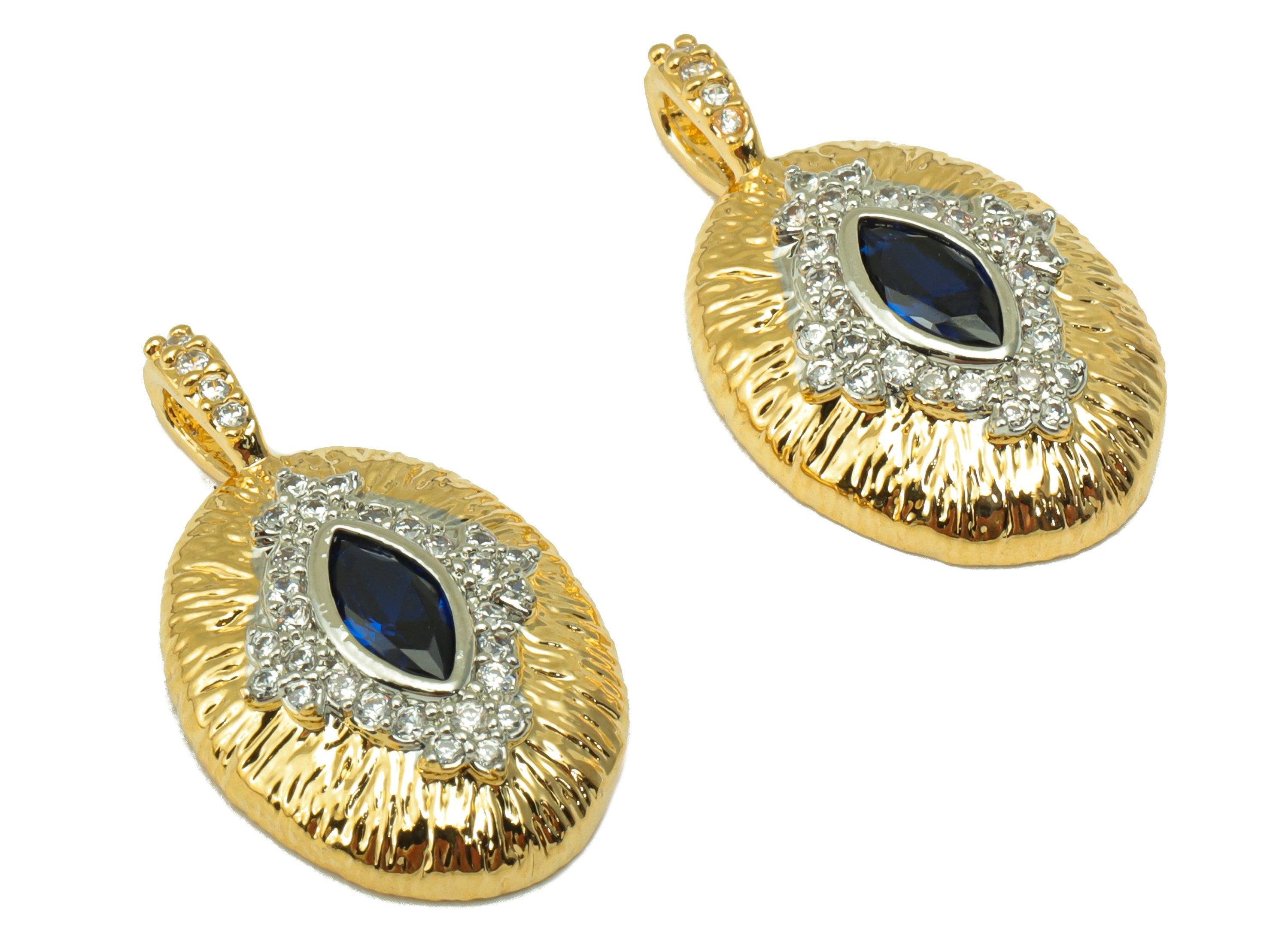 Brass Ellipse Earring -Cubic Zircon Textured Charm - Eye Marquise Oval Pendant - For Necklace- 18K Real Gold Plated - 23.6x14x1.8mm- RGP6543 - DOMEDBAZAAR