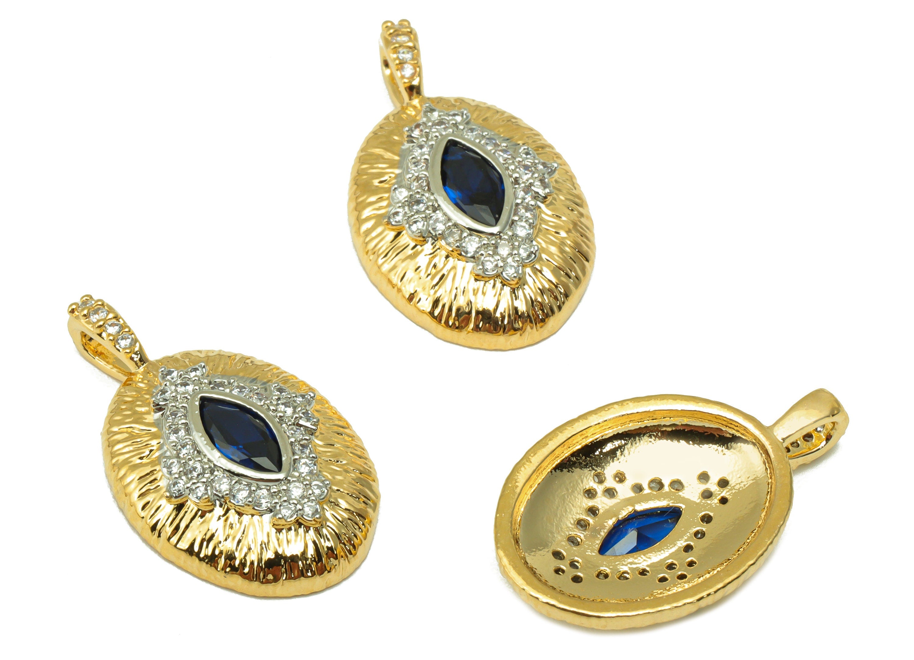 Brass Ellipse Earring -Cubic Zircon Textured Charm - Eye Marquise Oval Pendant - For Necklace- 18K Real Gold Plated - 23.6x14x1.8mm- RGP6543 - DOMEDBAZAAR