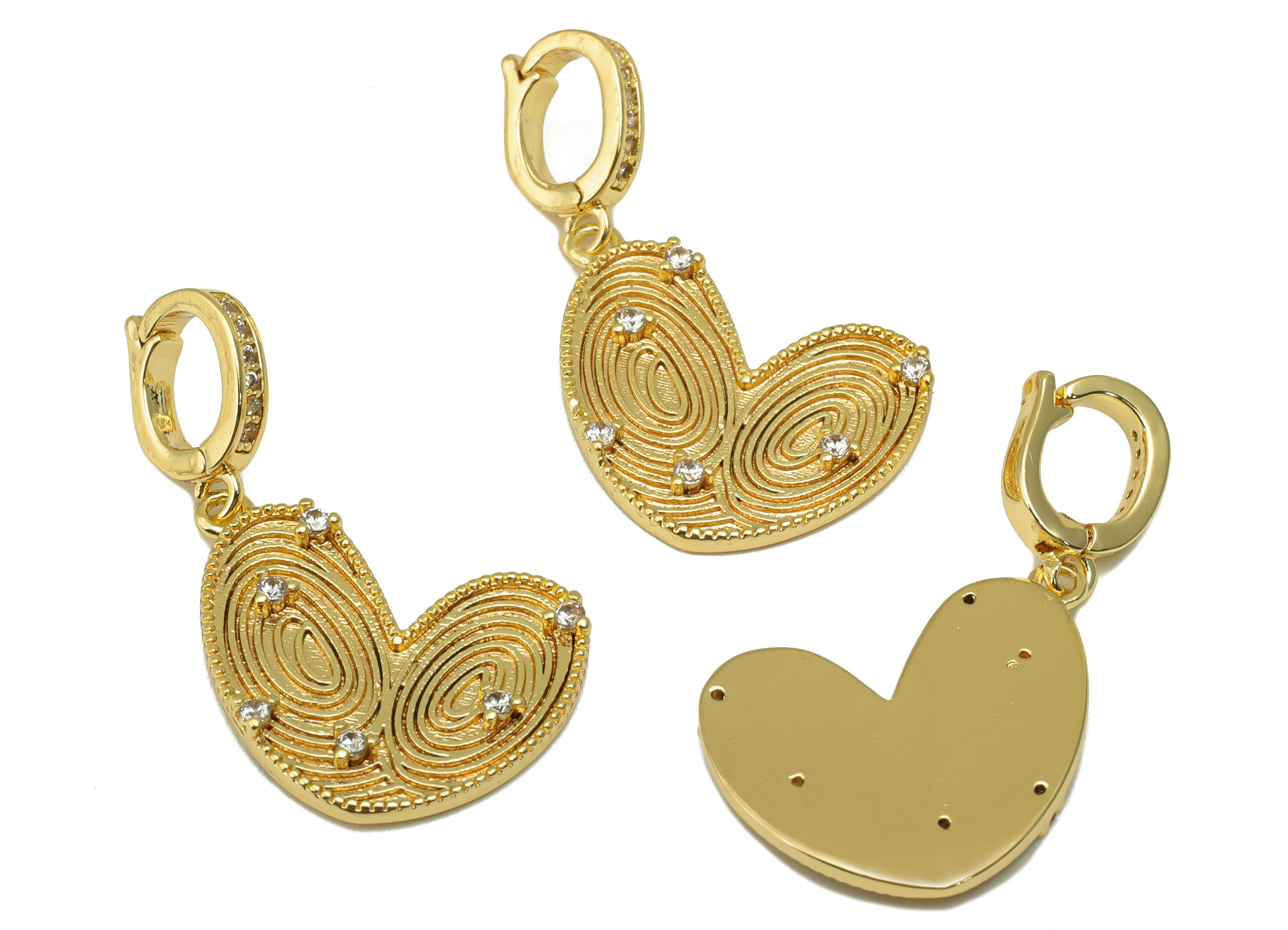 Brass Heart Clasp -Cubic Zircon Textured Clasp Hoop - Heart Clasp Hoop Pendant - For Necklace- 18K Real Gold Plated - 30x16x2mm- RGP6563 - DOMEDBAZAAR
