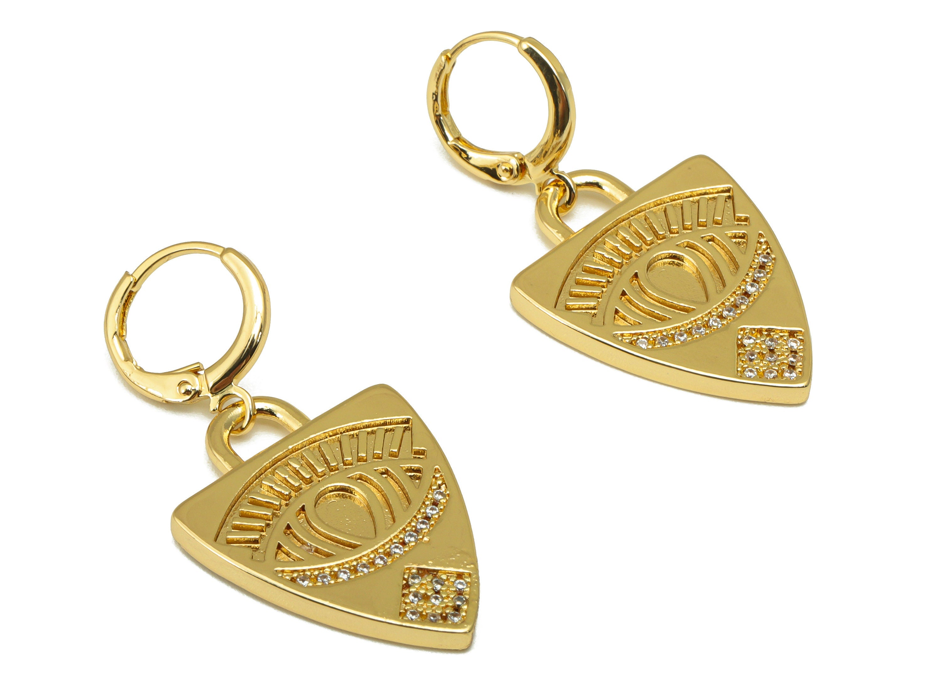 Brass Shield Clasp Earring Charm - Brass Cubic Zirconia Eye Clasp - Lever Back Hoop Clasp - 18K Real Gold Plated - 39.27x19.58x2mm- RGP6670 - DOMEDBAZAAR