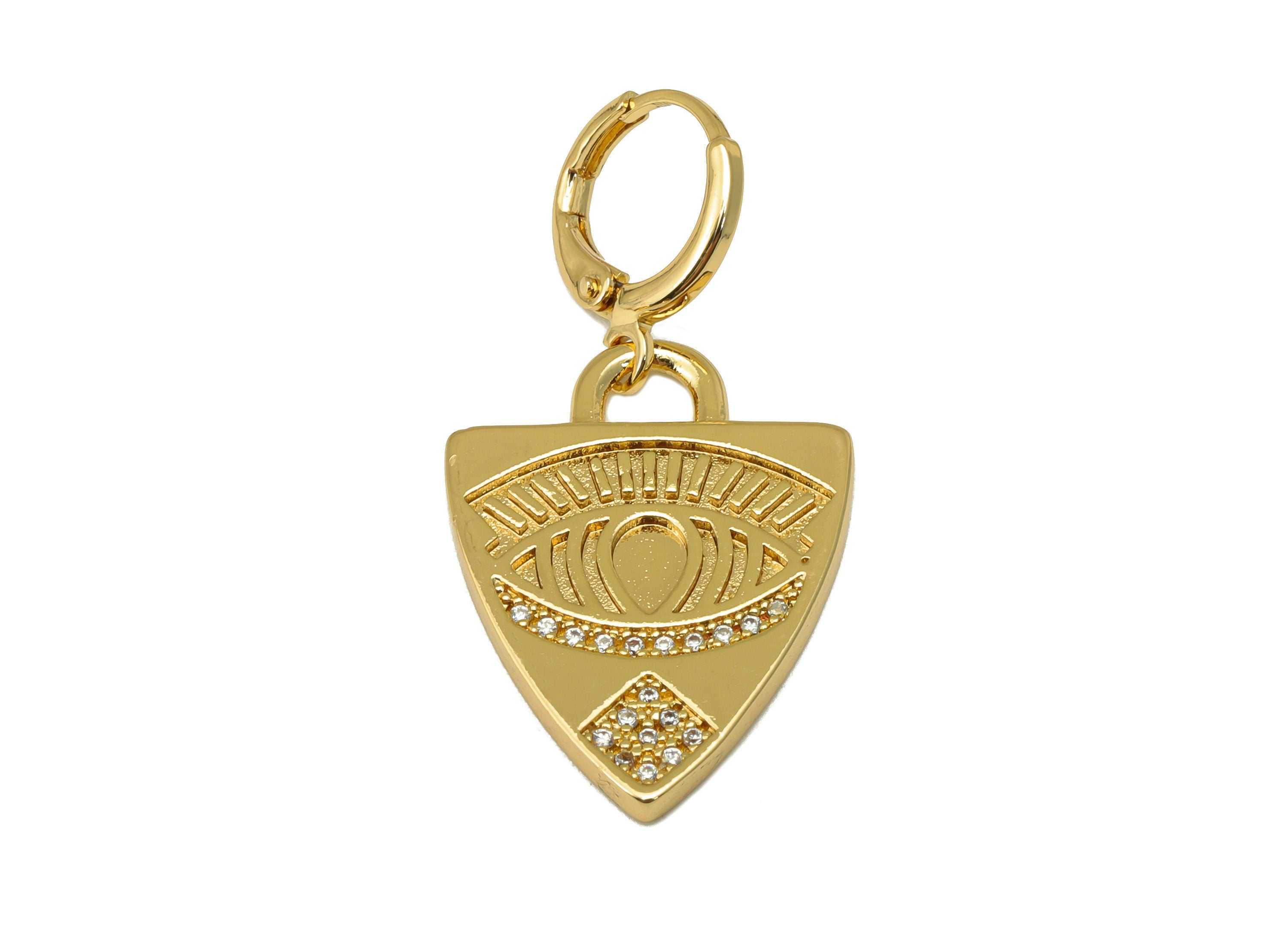 Brass Shield Clasp Earring Charm - Brass Cubic Zirconia Eye Clasp - Lever Back Hoop Clasp - 18K Real Gold Plated - 39.27x19.58x2mm- RGP6670 - DOMEDBAZAAR