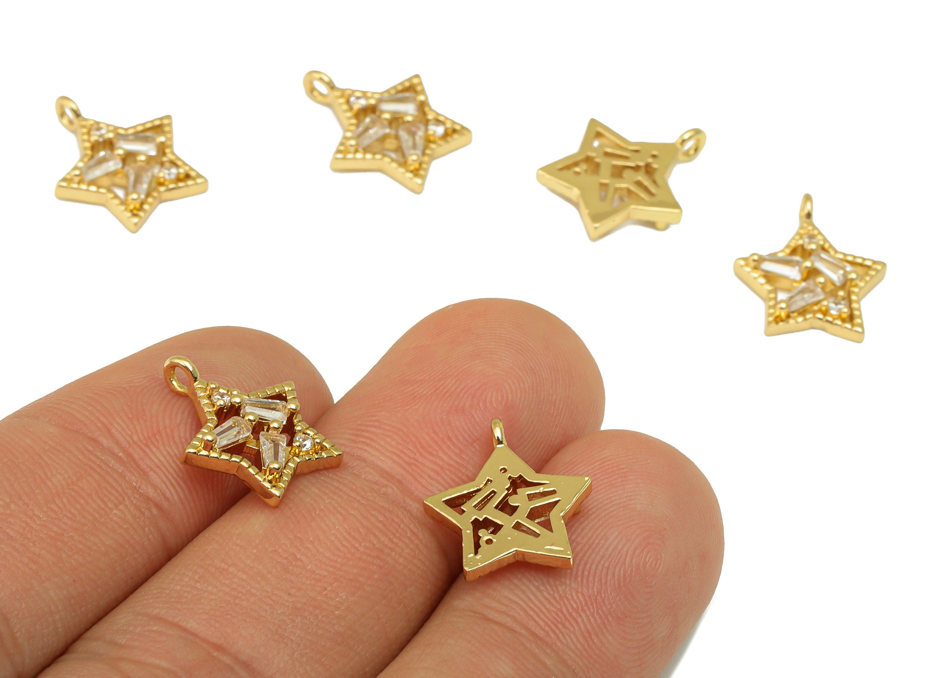 Brass Star Earring Charms -Hollow Star Cubic Zirconia - CZ Star For Necklace - 18K Real Gold Plated - 14.7 x 12.76 x 2.89mm - RGP6673 - DOMEDBAZAAR