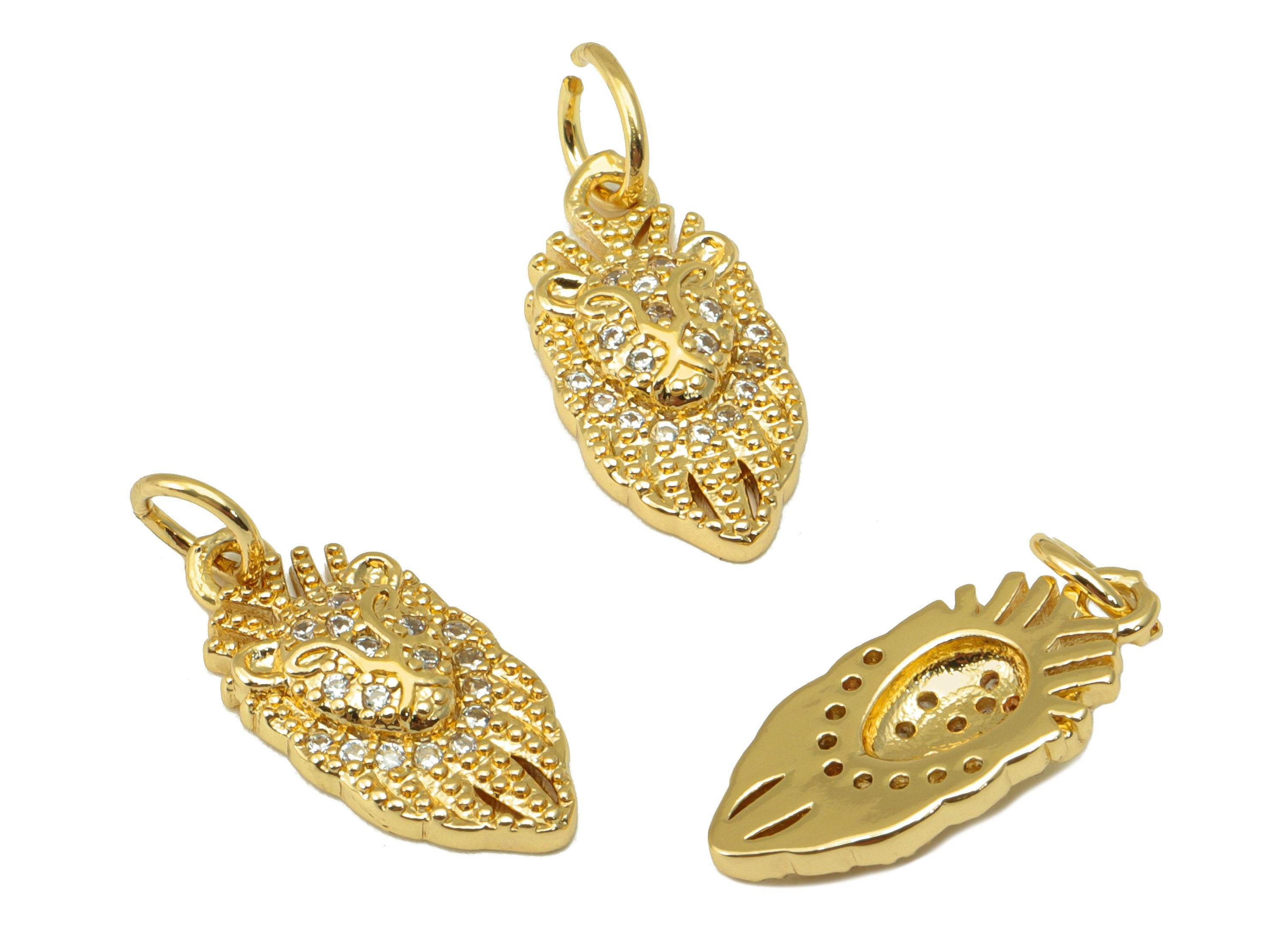 Brass lion Earring - Brass Cubic Zirconia Lion Pendant - CZ Animal For Necklace - 18K Real Gold Plated - 19.55x7.71x2.64mm - RGP6674 - DOMEDBAZAAR