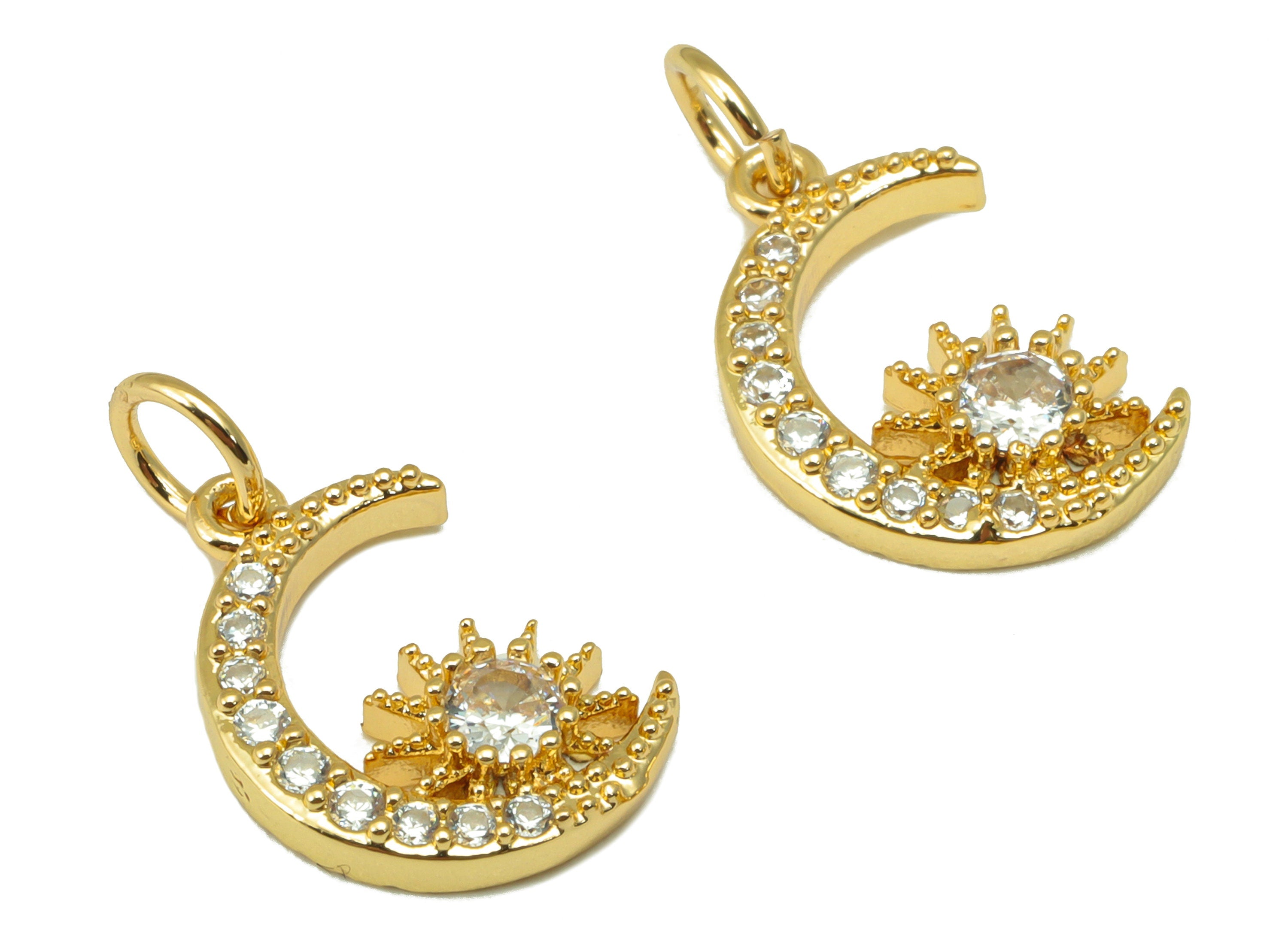 Brass Crescent Earring - Brass Cubic Zirconia Star Pendant - CZ Sunshine For Necklace - 18K Real Gold Plated - 17.87x10.14x 2.61mm - RGP6675 - DOMEDBAZAAR