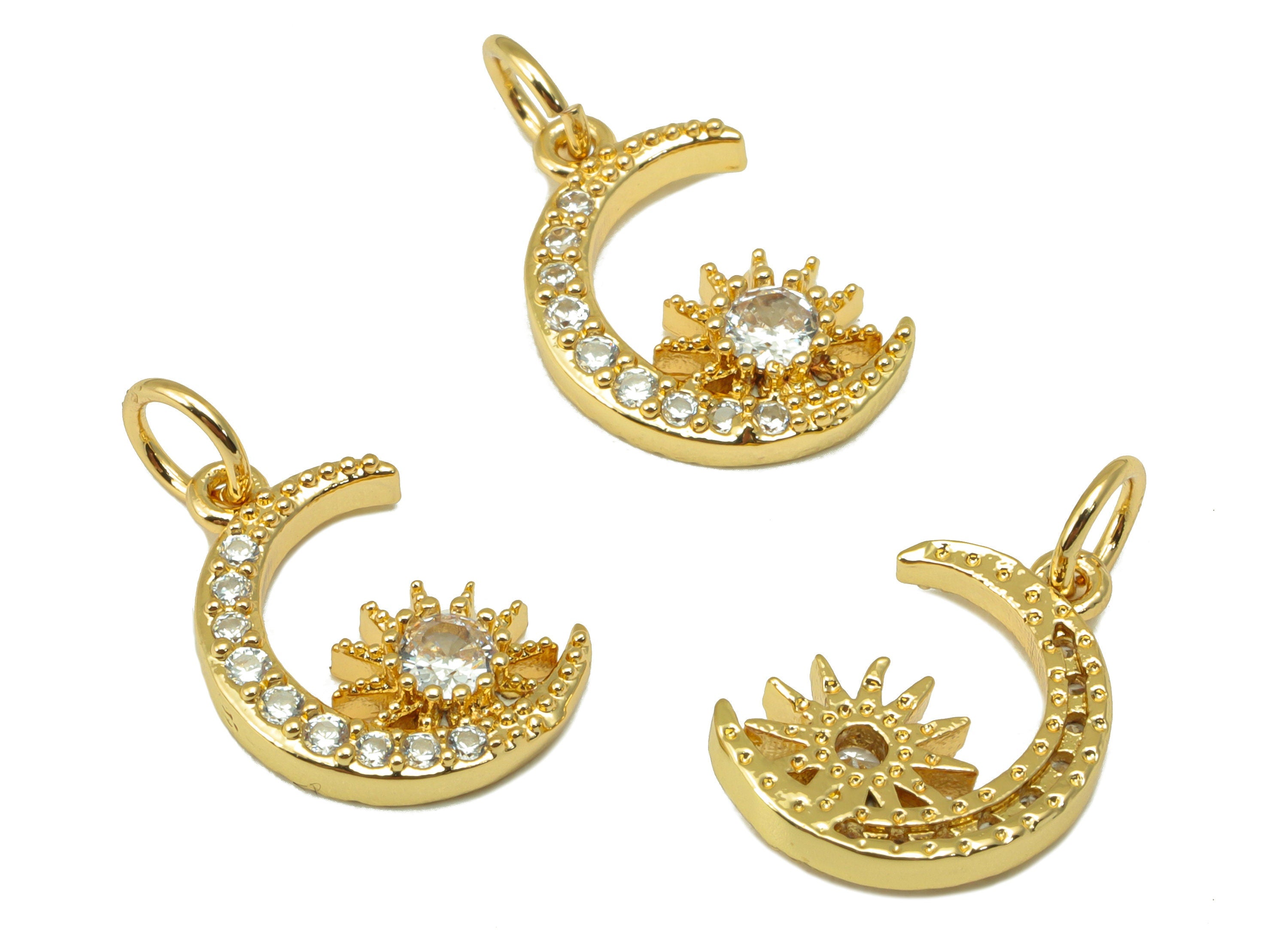 Brass Crescent Earring - Brass Cubic Zirconia Star Pendant - CZ Sunshine For Necklace - 18K Real Gold Plated - 17.87x10.14x 2.61mm - RGP6675 - DOMEDBAZAAR