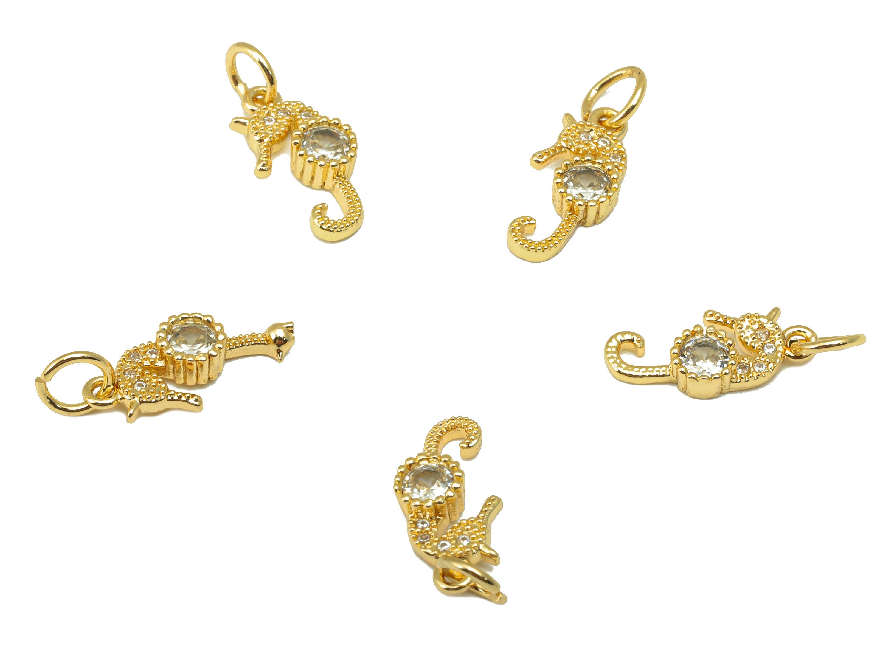 Brass Seahorse Earring Charms -Mini Seahorse Cubic Zirconia With Hoop - For Necklace - 18K Real Gold Plated - 17.82x 7.08x 2.7mm- RGP6679 - DOMEDBAZAAR