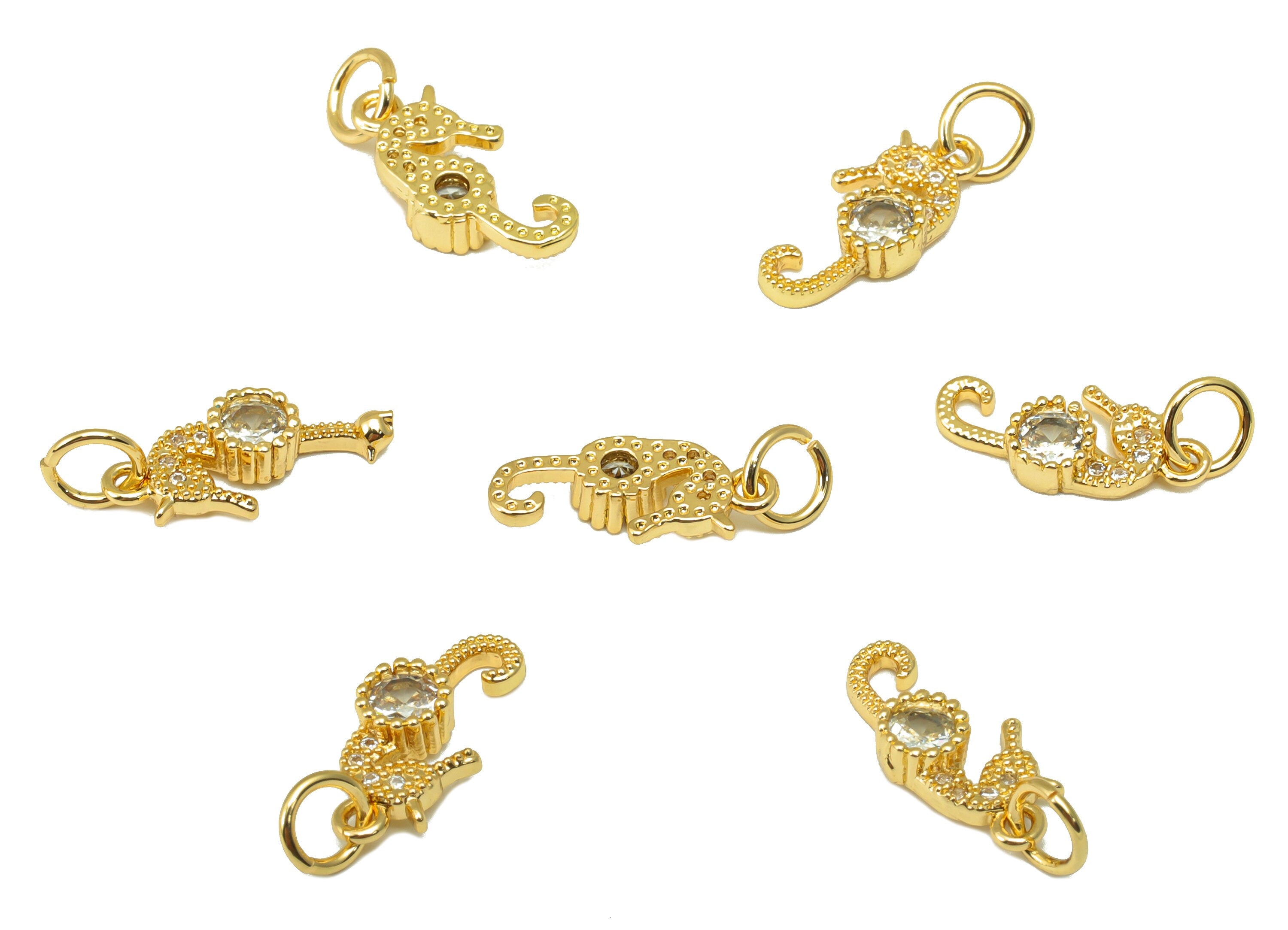 Brass Seahorse Earring Charms -Mini Seahorse Cubic Zirconia With Hoop - For Necklace - 18K Real Gold Plated - 17.82x 7.08x 2.7mm- RGP6679 - DOMEDBAZAAR