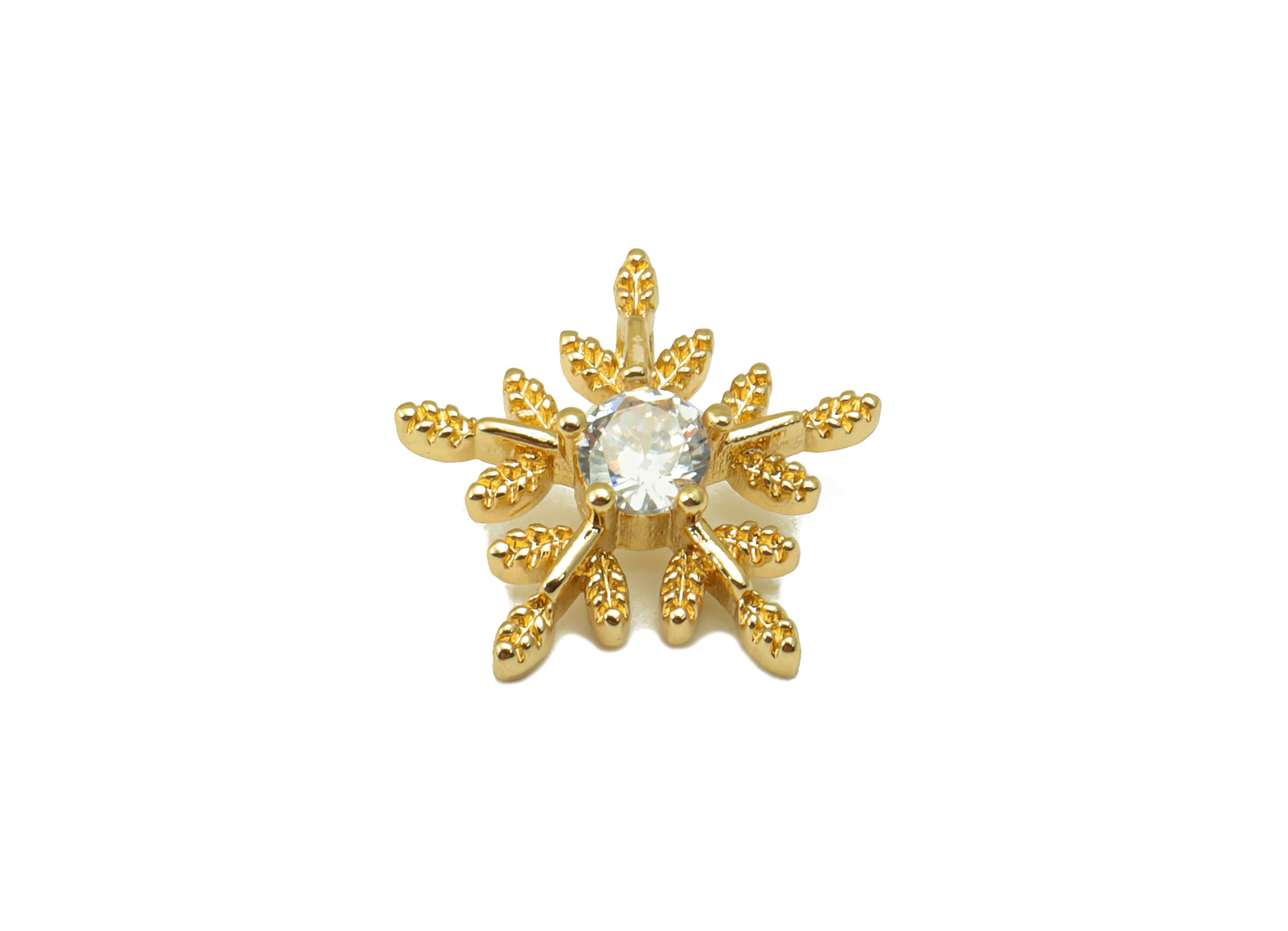 Brass Flower Earring Charms -Mini Snowflake Cubic Zirconia Pendant- For Necklace - 18K Real Gold Plated -11.89x12.24x 3.26mm- RGP6681 - DOMEDBAZAAR