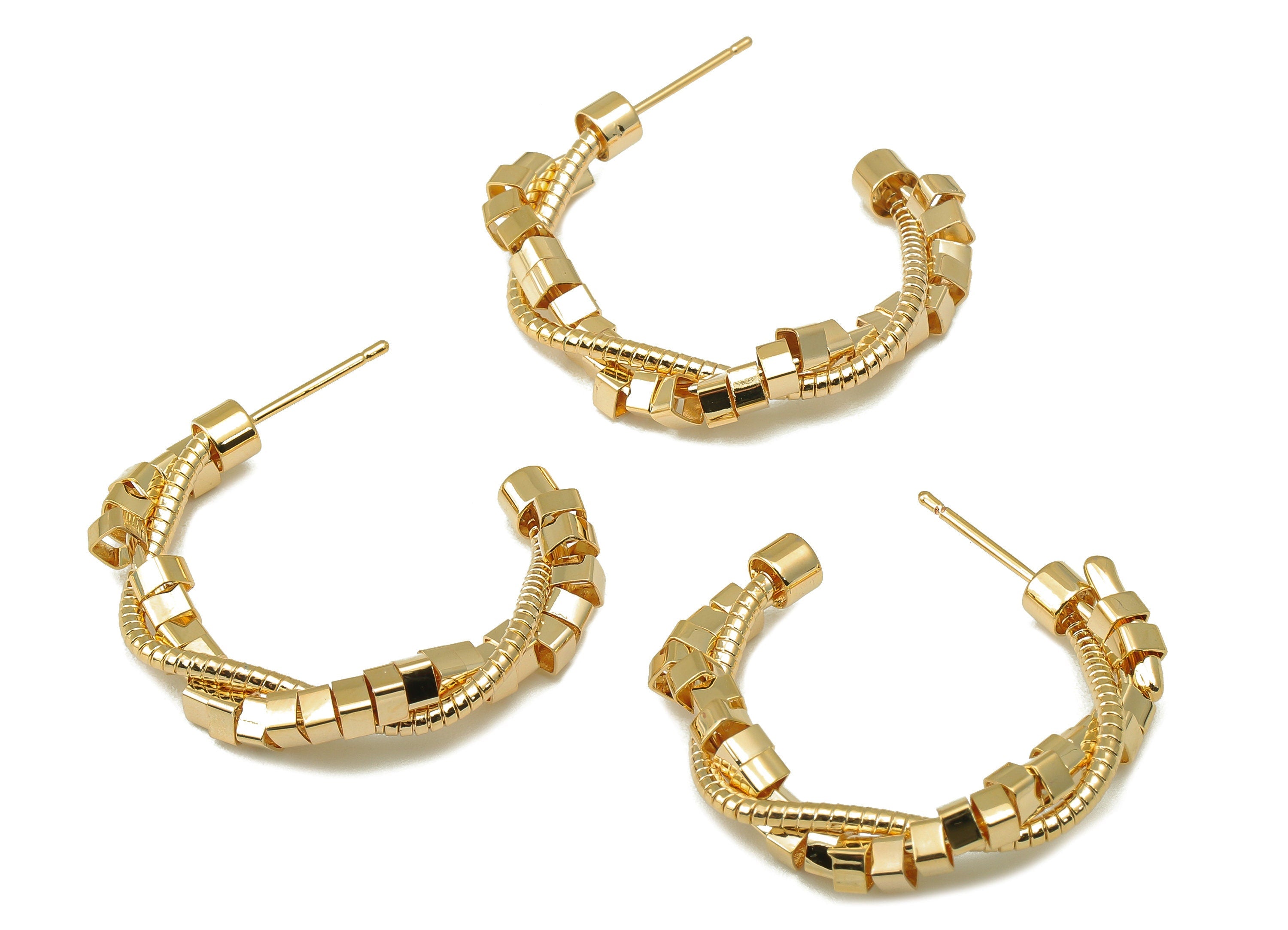 Brass Snake Chain Hoop Earring - Cubes C Hoop Earring - Cube Chain Open Hoop Earring-18k real gold-plated brass- Finding-31x31x4mm- RGP6175 - DOMEDBAZAAR
