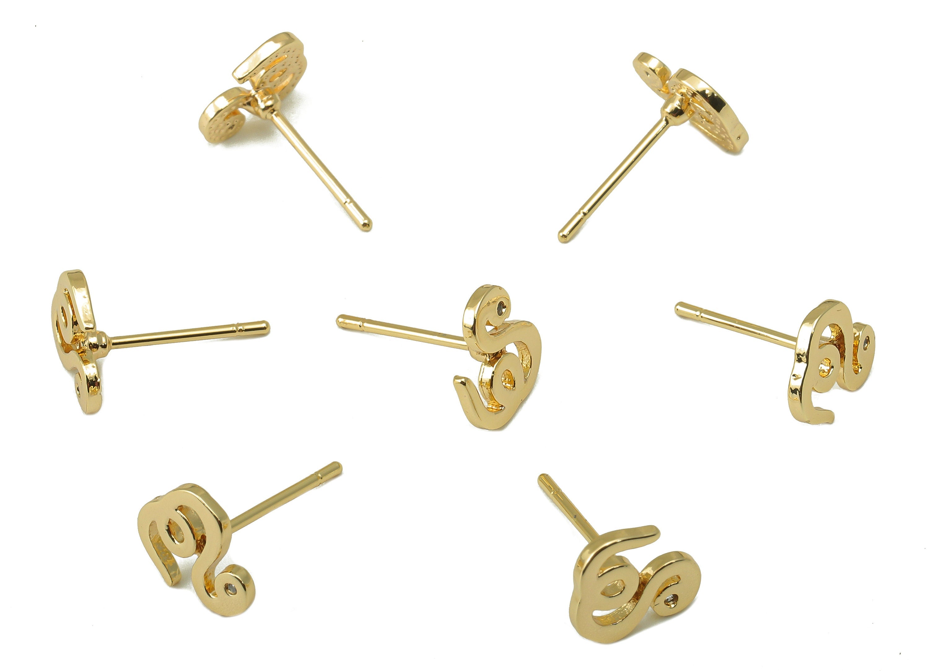 Brass Crooked Snake Earring Stud - Gold Snake with Cubic Zirconia Eyes Earring Post- 18K Real Gold Plated - Findings- 9x8x1mm- RGP6180 - DOMEDBAZAAR