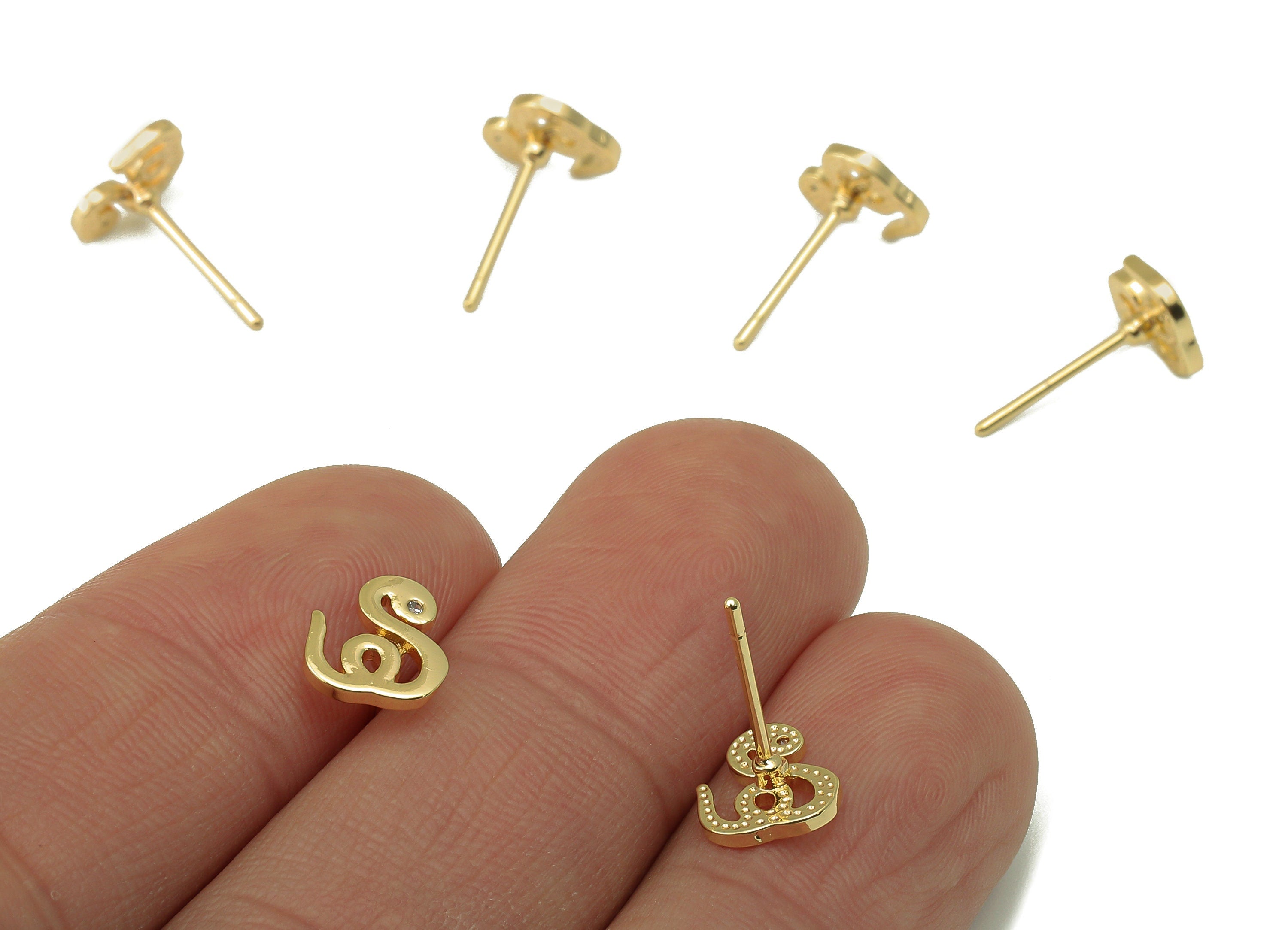 Brass Crooked Snake Earring Stud - Gold Snake with Cubic Zirconia Eyes Earring Post- 18K Real Gold Plated - Findings- 9x8x1mm- RGP6180 - DOMEDBAZAAR