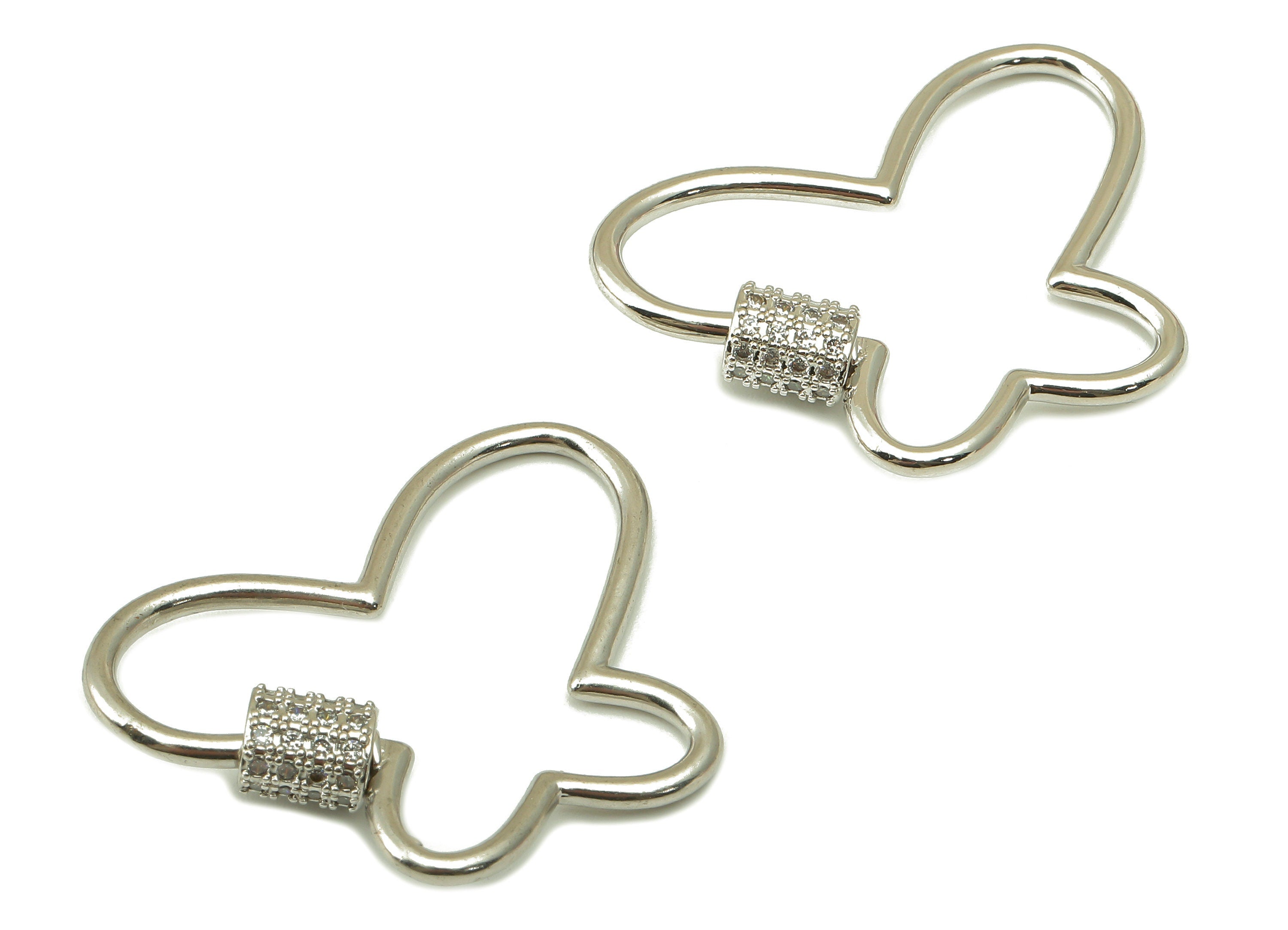 Brass Butterfly Earrings - Silver Screw Clasp with Zircons - Silver Carabiner - Butterfly Turnbuckle Lock Pendant - 33.5x24.3x1.7mm-PP7686S - DOMEDBAZAAR