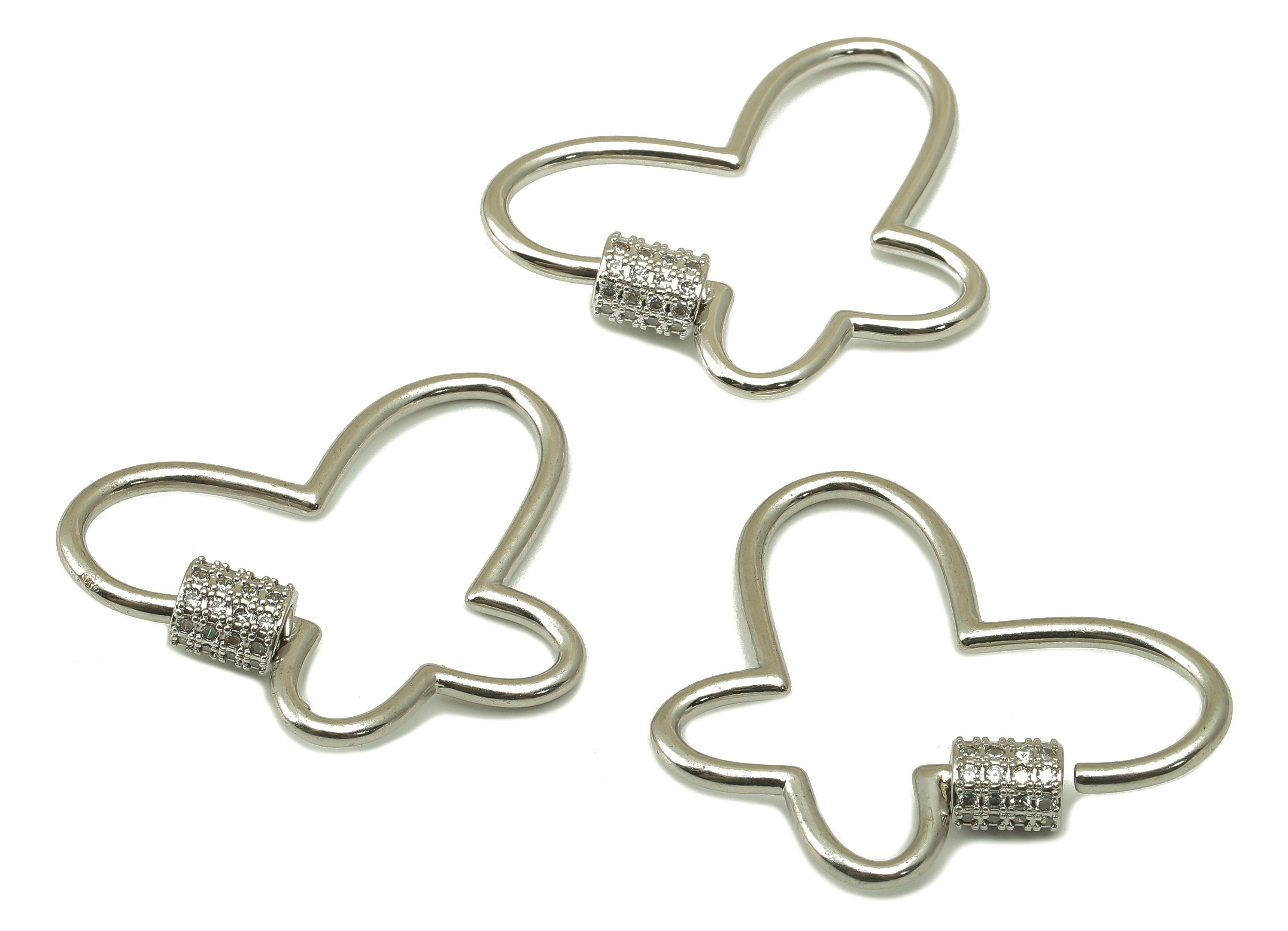 Brass Butterfly Earrings - Silver Screw Clasp with Zircons - Silver Carabiner - Butterfly Turnbuckle Lock Pendant - 33.5x24.3x1.7mm-PP7686S - DOMEDBAZAAR