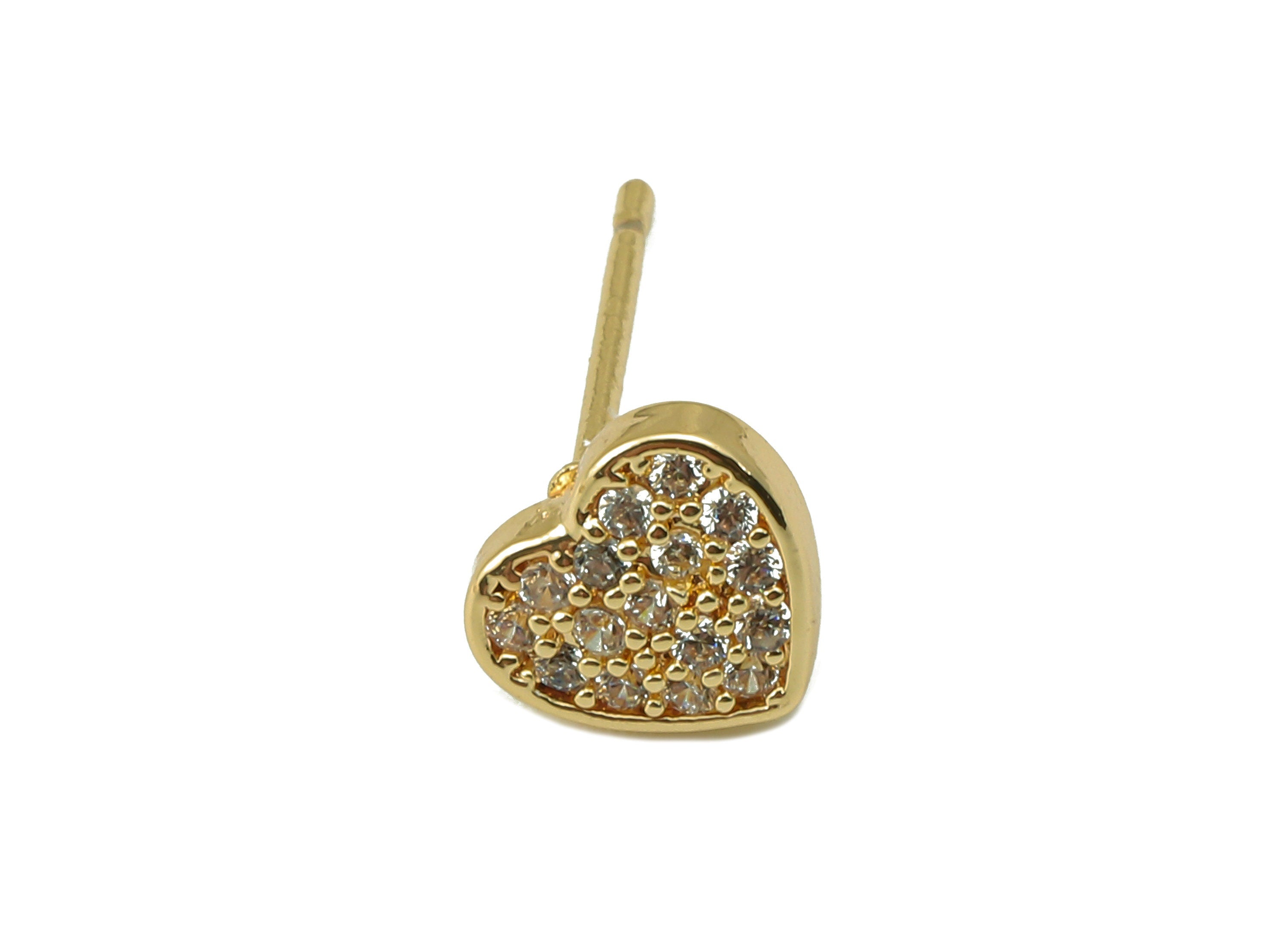 Brass Mini Heart Earring Stud - Gold Heart with Cubic Zirconia Earring Post- 18K Real Gold Plated -CZ Earring Findings- 7x7x2mm- RGP6182 - DOMEDBAZAAR