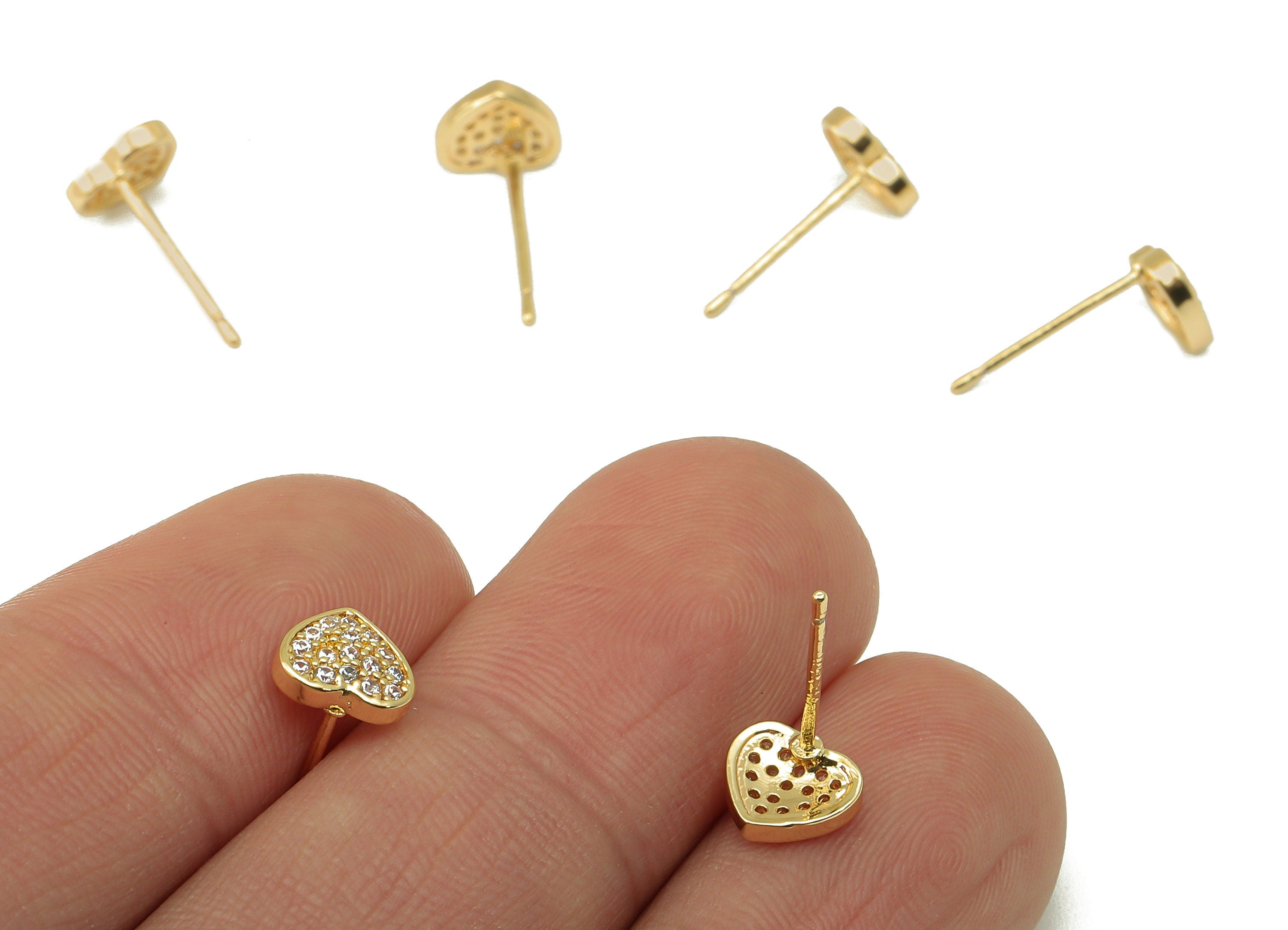 Brass Mini Heart Earring Stud - Gold Heart with Cubic Zirconia Earring Post- 18K Real Gold Plated -CZ Earring Findings- 7x7x2mm- RGP6182 - DOMEDBAZAAR