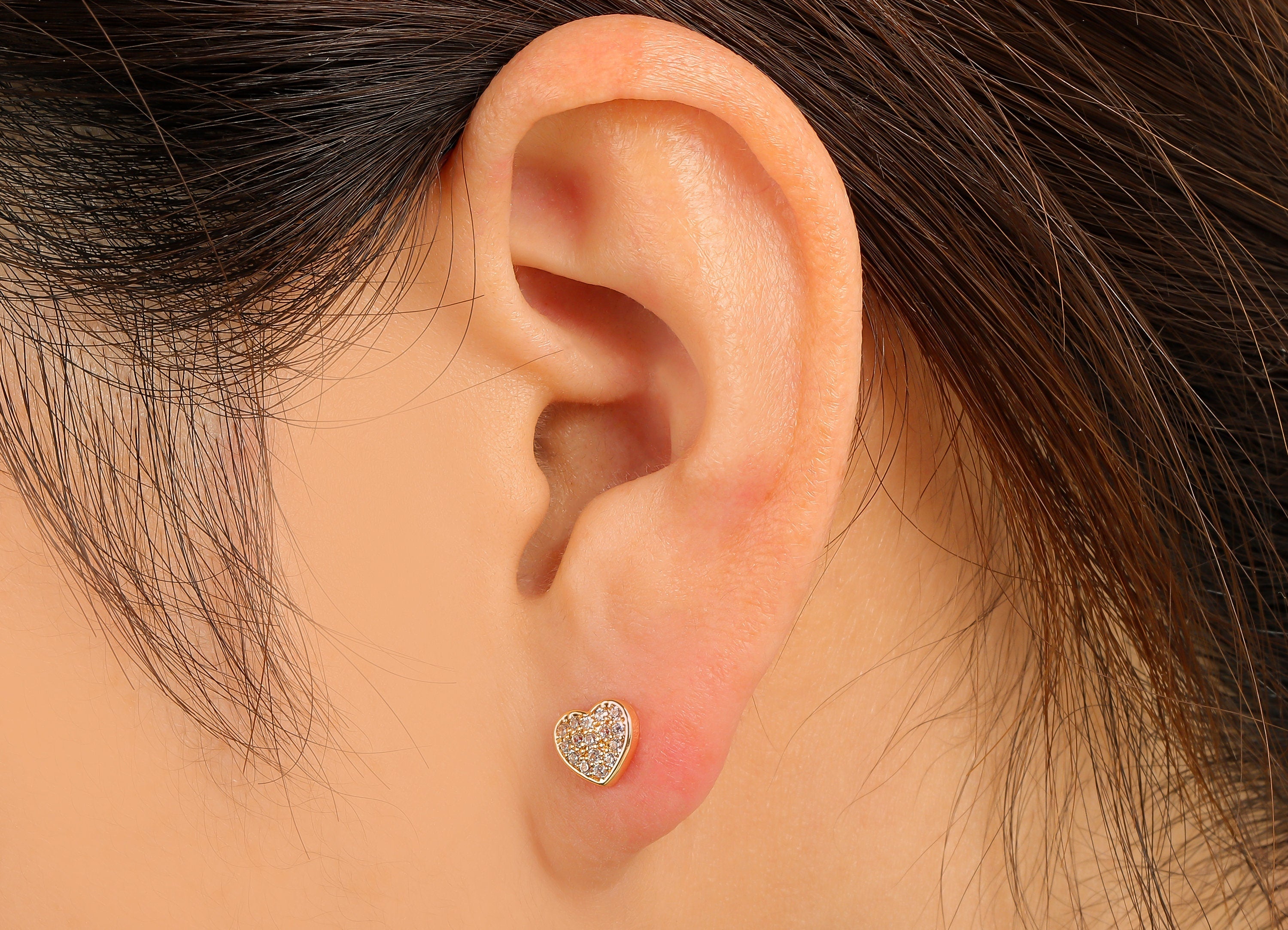 Brass Mini Heart Earring Stud - Gold Heart with Cubic Zirconia Earring Post- 18K Real Gold Plated -CZ Earring Findings- 7x7x2mm- RGP6182 - DOMEDBAZAAR
