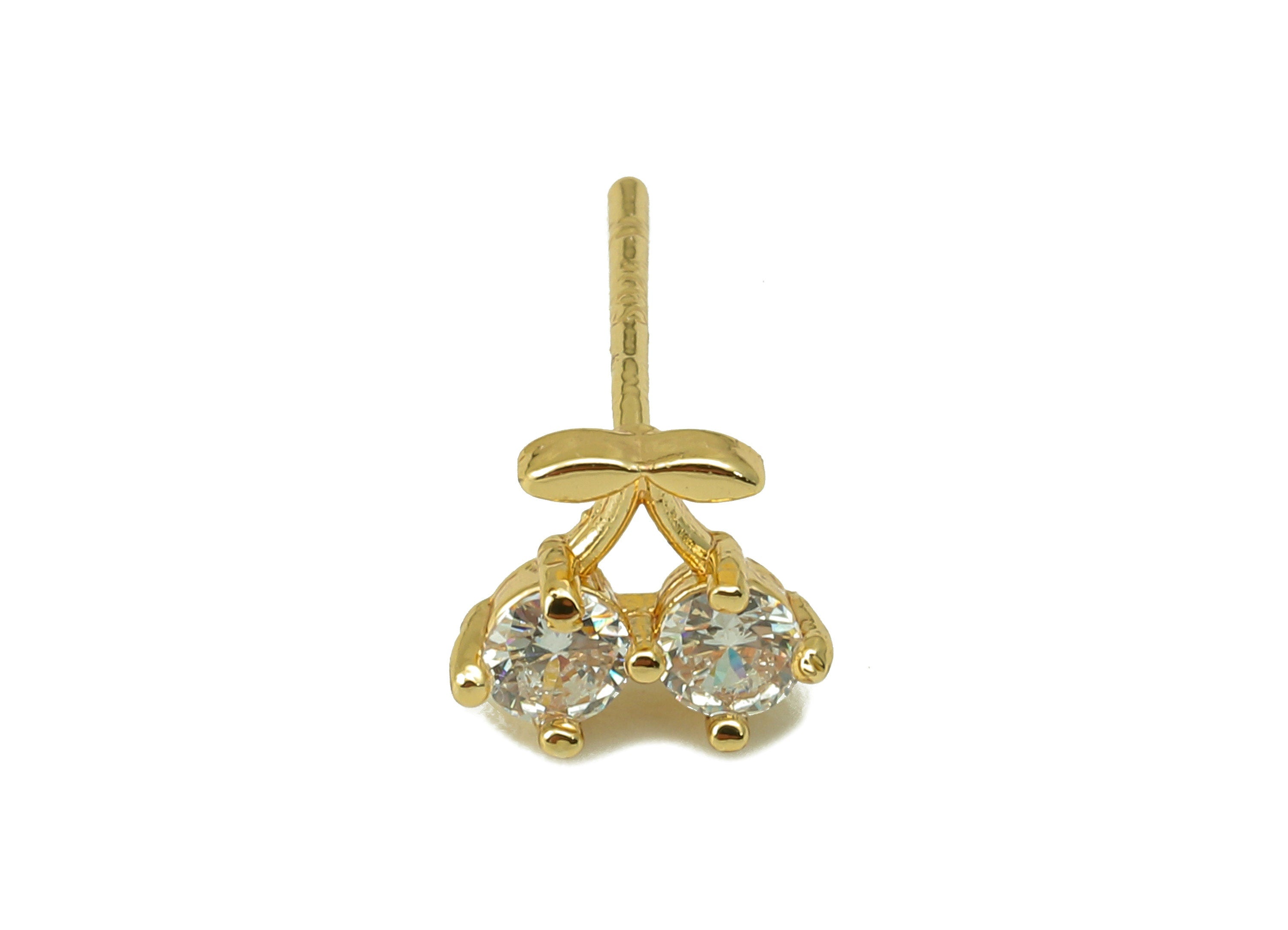 Brass Mini Cherry Earring Stud - Gold Fruit with Cubic Zirconia Earring Post- 18K Real Gold Plated -CZ Earring Findings- 7x8x3mm- RGP6184 - DOMEDBAZAAR