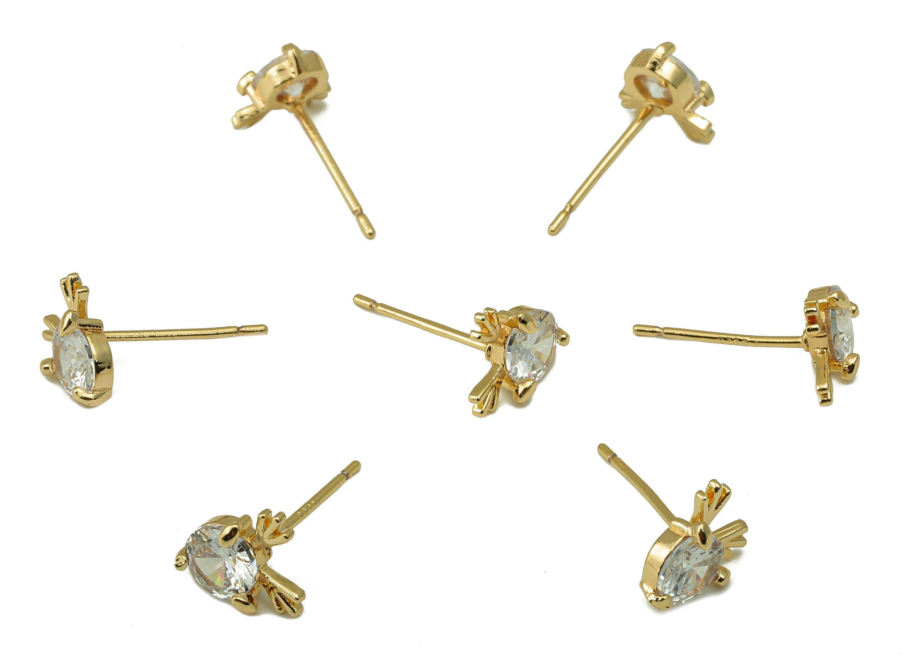 Brass Antler Earring Post - Cubic Zirconia Eyes Earring Stud -18k real gold-plated brass-Jewely Making Supplies -Findings-8x7x3mm- RGP6187 - DOMEDBAZAAR