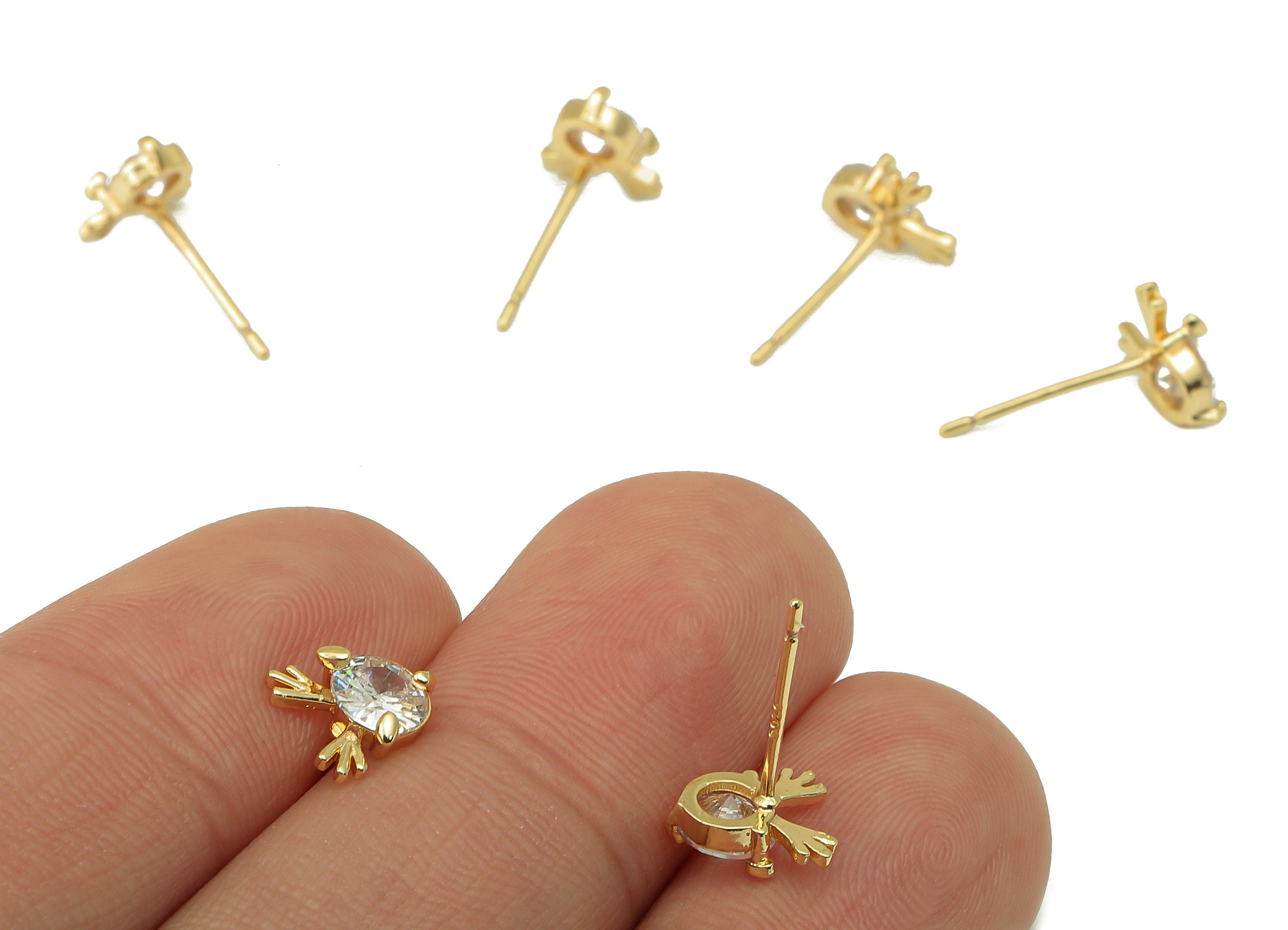 Brass Antler Earring Post - Cubic Zirconia Eyes Earring Stud -18k real gold-plated brass-Jewely Making Supplies -Findings-8x7x3mm- RGP6187 - DOMEDBAZAAR