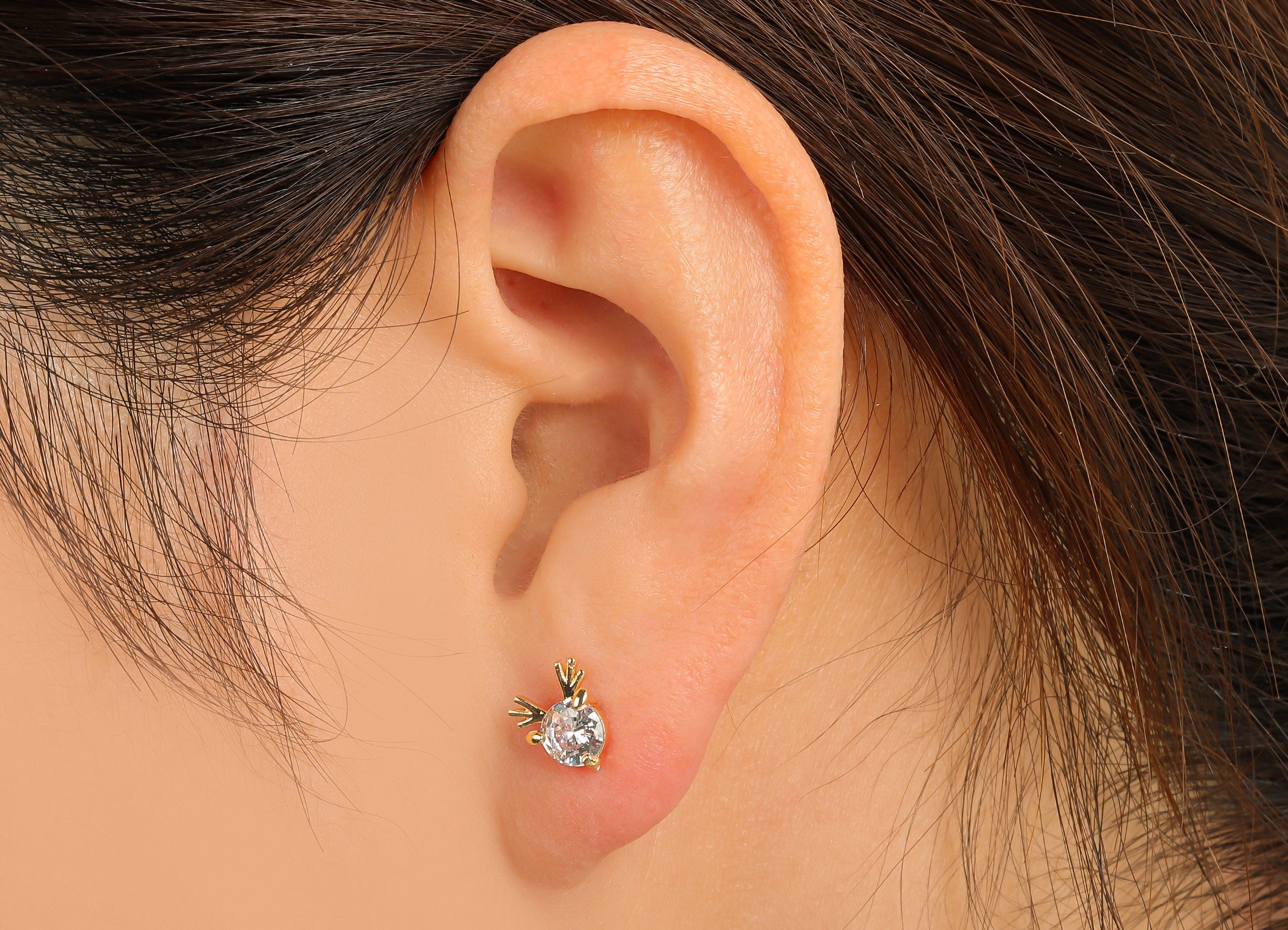 Brass Antler Earring Post - Cubic Zirconia Eyes Earring Stud -18k real gold-plated brass-Jewely Making Supplies -Findings-8x7x3mm- RGP6187 - DOMEDBAZAAR
