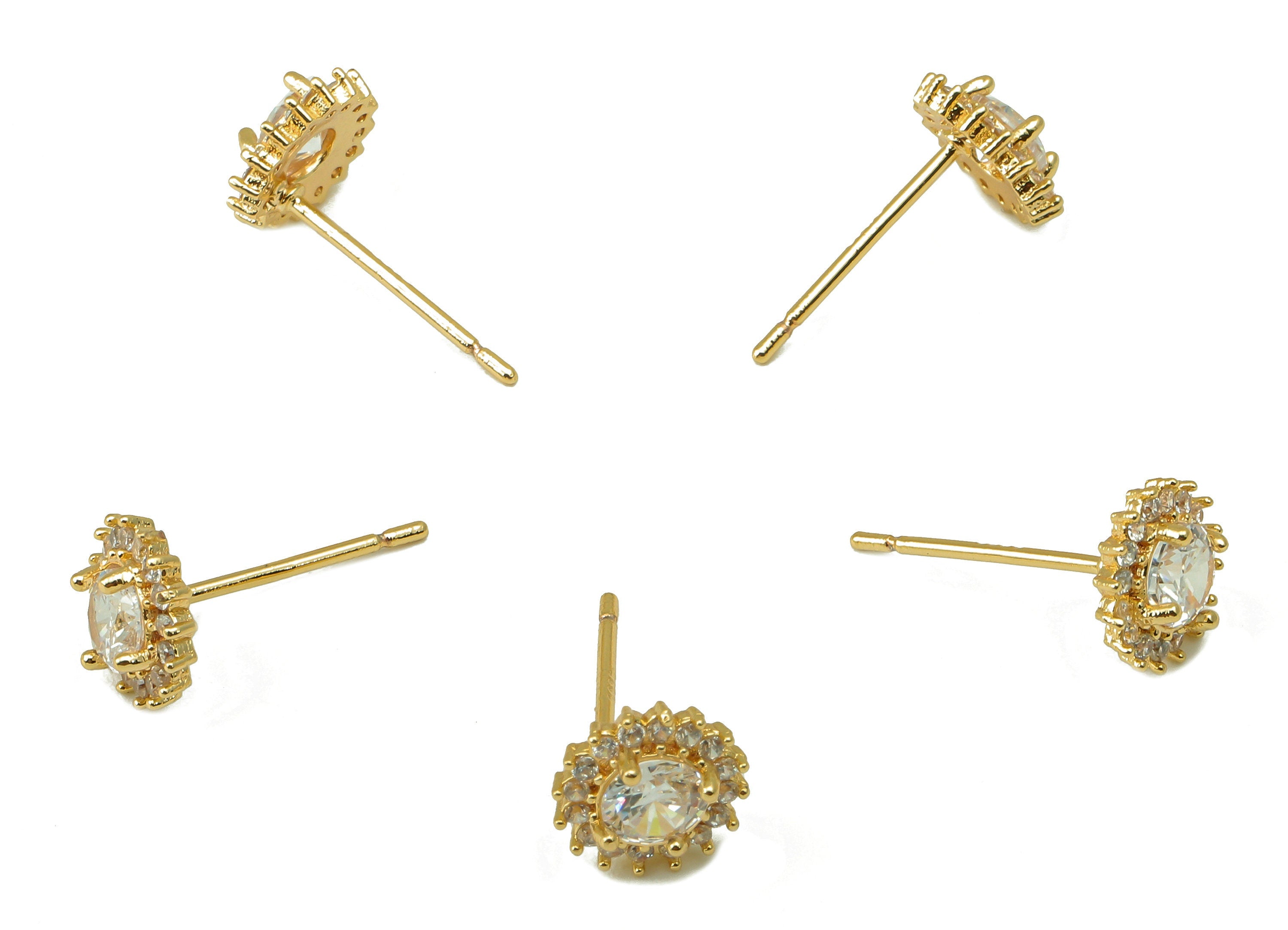 Brass Round Flower Earring Stud - Cubic Zirconia Eyes Sunflower Earring Post- 18K Real Gold Plated -CZ Earring Findings- 7x7x3mm- RGP6195 - DOMEDBAZAAR