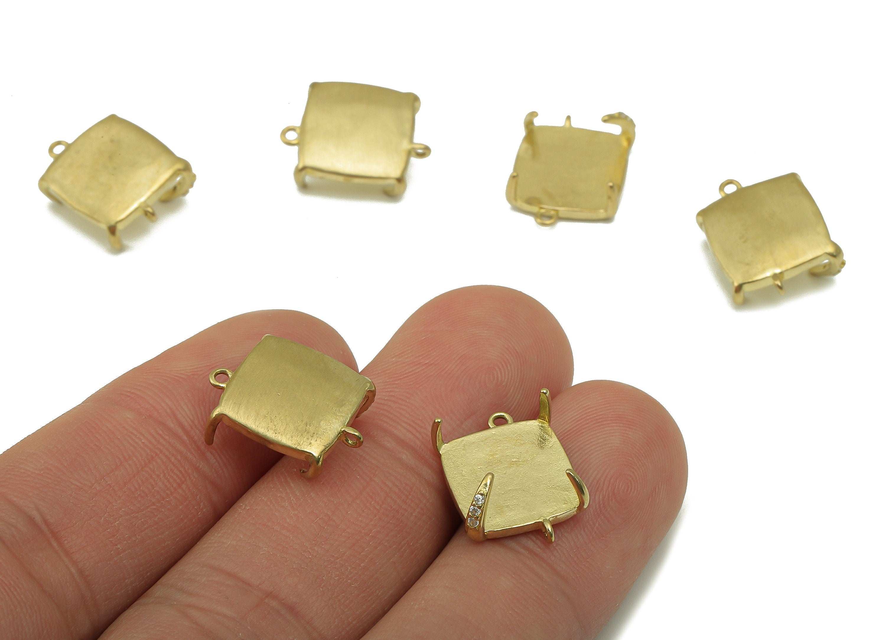 Brass Square Earring - Raw Brass Cubic Zircon Prong Setting - Gold CZ 4-Prong Setting - For Bracelet - Jewelry Supplies-15.7x12x1.5mm-PP8550 - DOMEDBAZAAR
