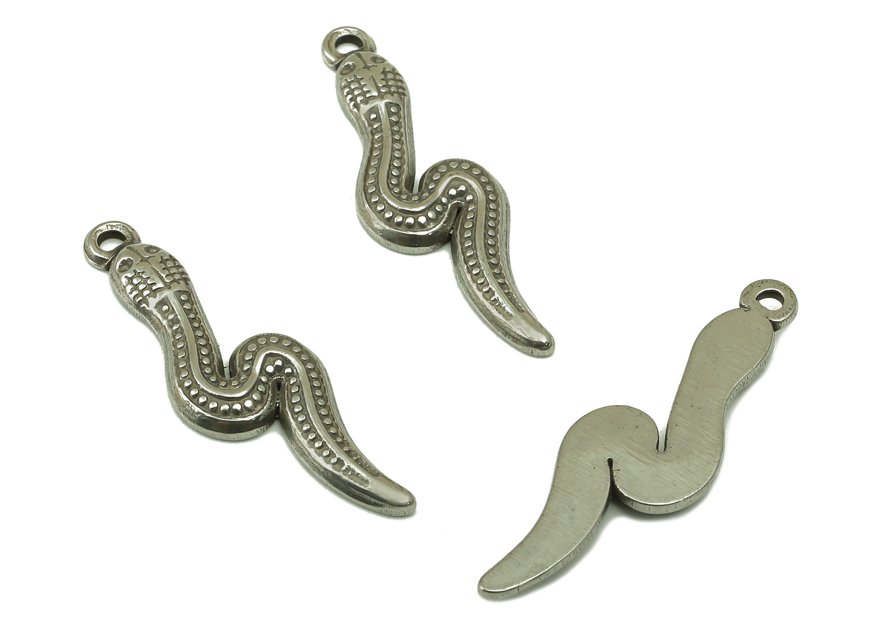 Stainless Steel Snake Earring Charms - Stainless Steel Baby Snake - Mini Dot Small Snake Pendant - Textured Animal Charm -32x10x2mm - SS1423 - DOMEDBAZAAR