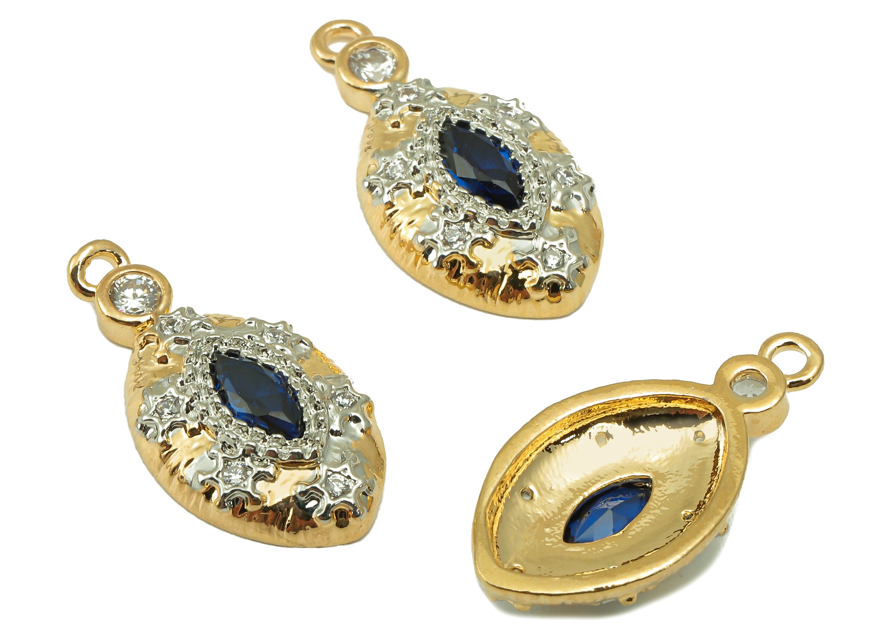 Brass Eye Earring Charm - Barss Cubic Zircon Blue Eye Earring - Pendant With Loop - 18K Real Gold Plating Charm - 20.2x10.2x1.91mm - RGP6599 - DOMEDBAZAAR
