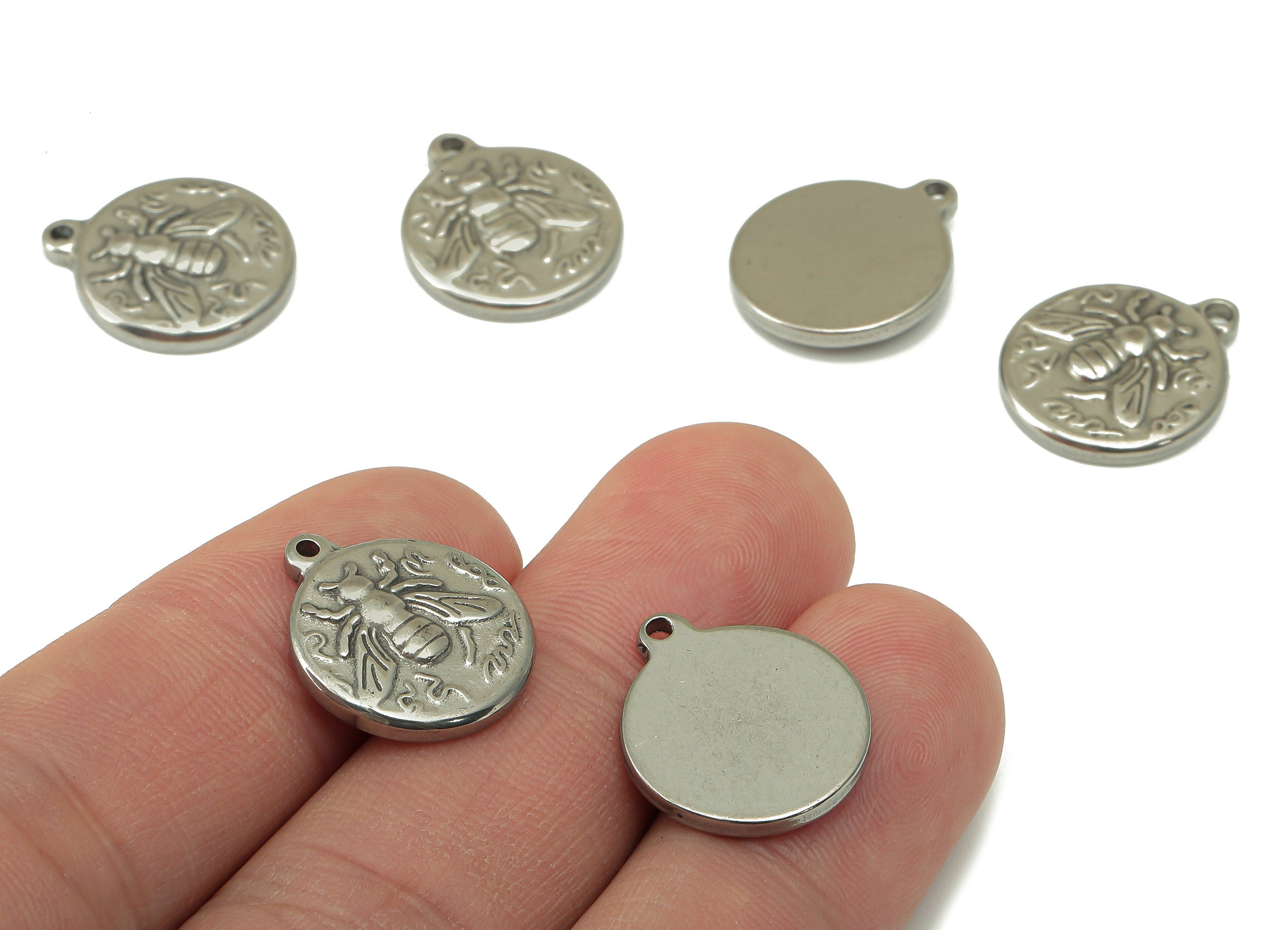 Stainless Steel Bee Earring Charm - Steel Bee Round Pendant - 304 Stainless Steel - Steel Animal Charm -18.2 x 15.5 x 2.86mm- SS1441 - DOMEDBAZAAR