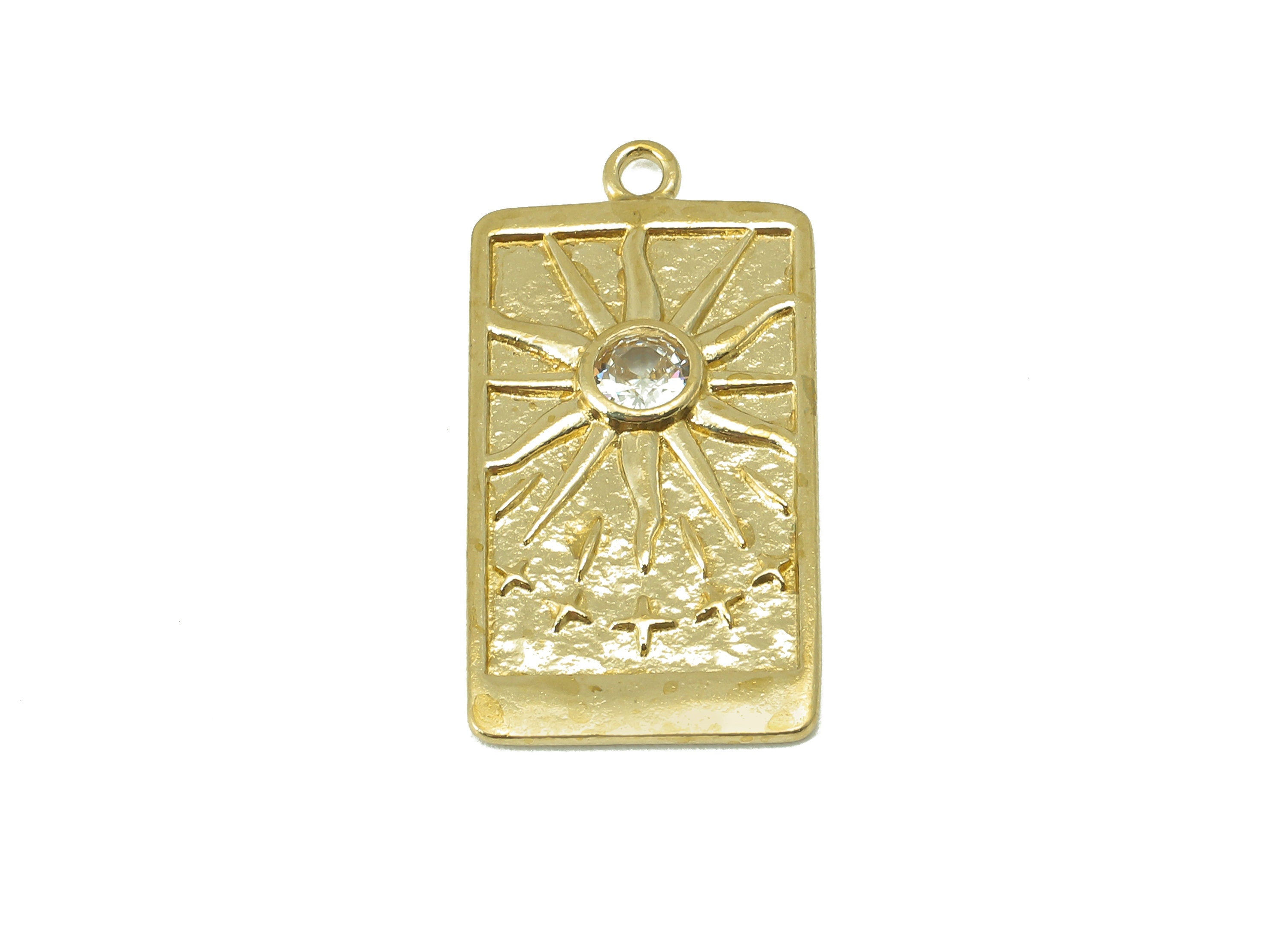 Brass Rectangular Earring Charm - Raw Brass Vintage Tarot Cards Pendant - Cubic Zircon - Sun CZ Charm - For Necklaces-27x13.5x1.98mm-PP8317 - DOMEDBAZAAR