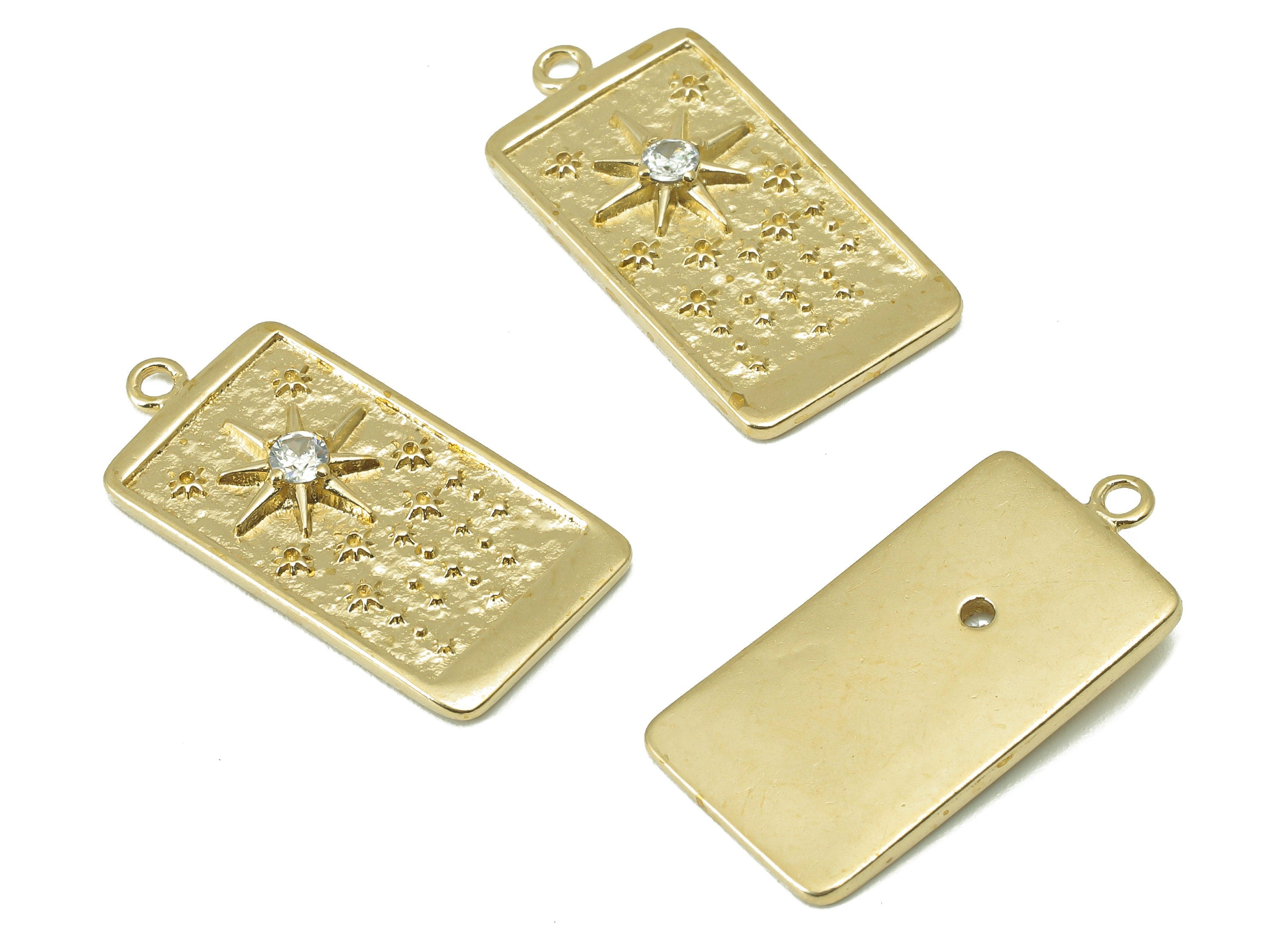 Brass Rectangular Earring Charm - Raw Brass Vintage Tarot Cards Pendant - Cubic Zircon - Sun CZ Charm - For Necklaces-27x13.6x2.6mm-PP8355 - DOMEDBAZAAR