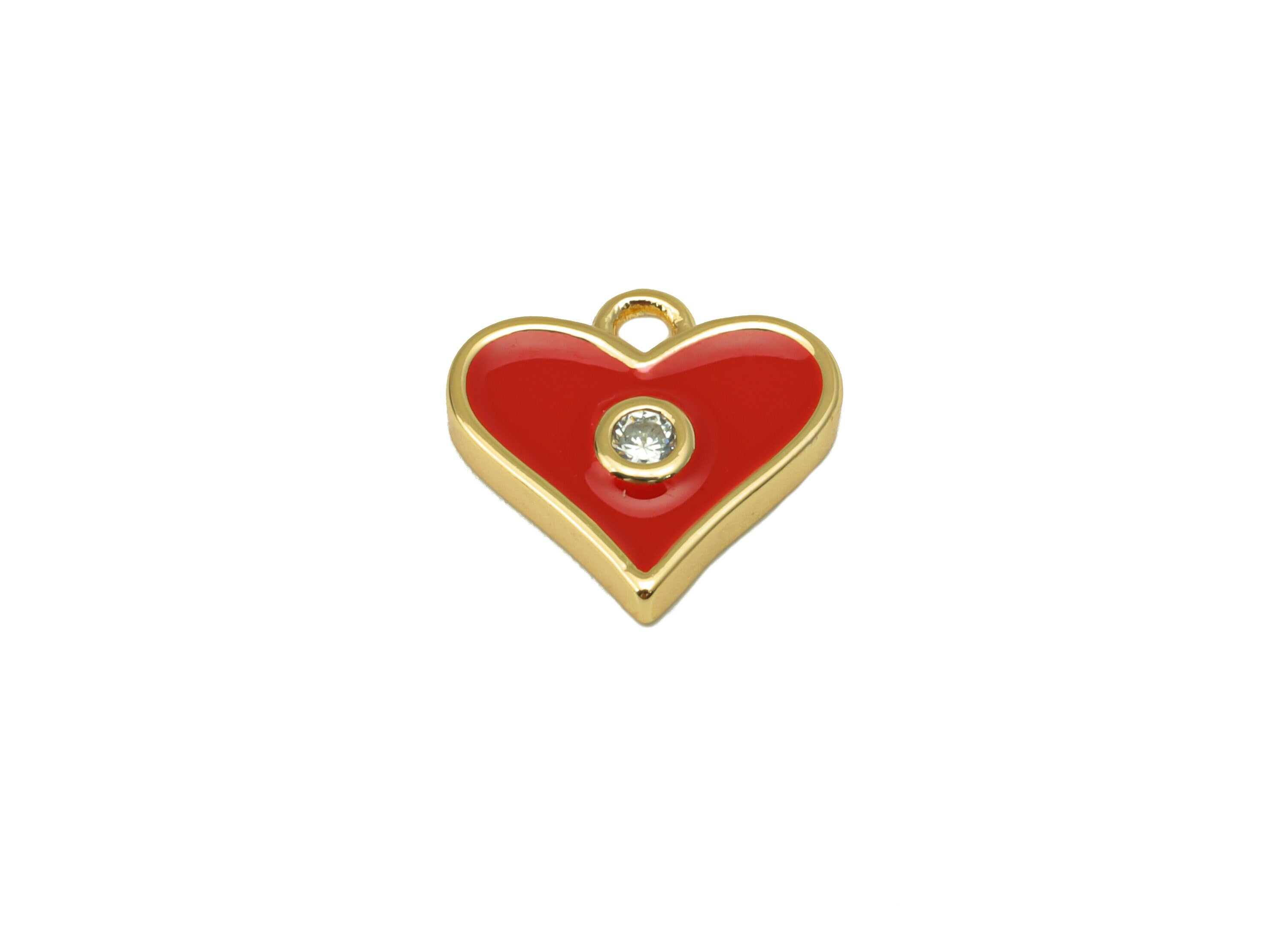 Brass Heart Earring Charm - Red Enamel Cubic Zirconia pendant -Heart CZ Charm - For Necklace - 18k Real Gold Plated - 11x12x1.96mm- RGP5650D - DOMEDBAZAAR