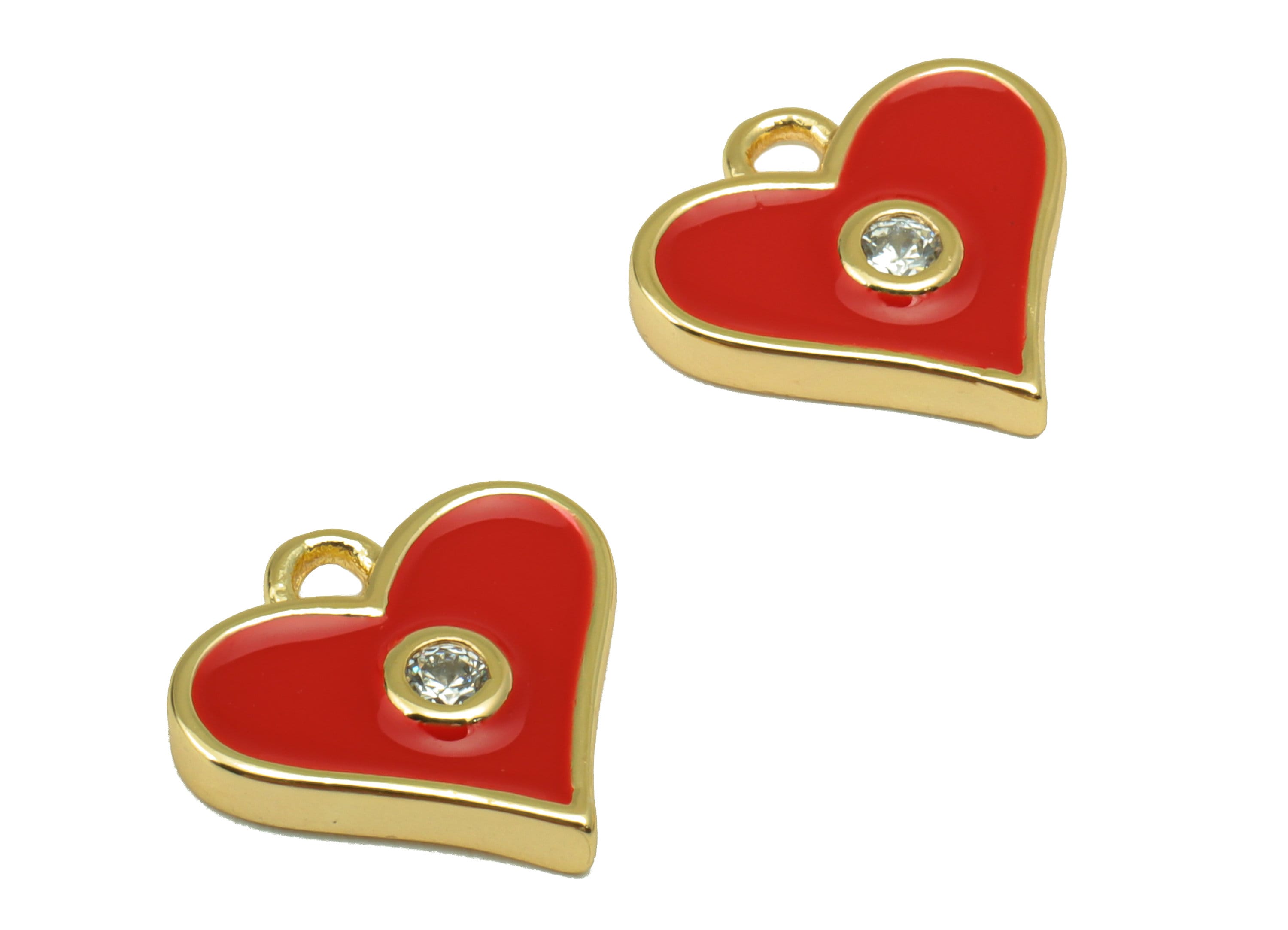 Brass Heart Earring Charm - Red Enamel Cubic Zirconia pendant -Heart CZ Charm - For Necklace - 18k Real Gold Plated - 11x12x1.96mm- RGP5650D - DOMEDBAZAAR