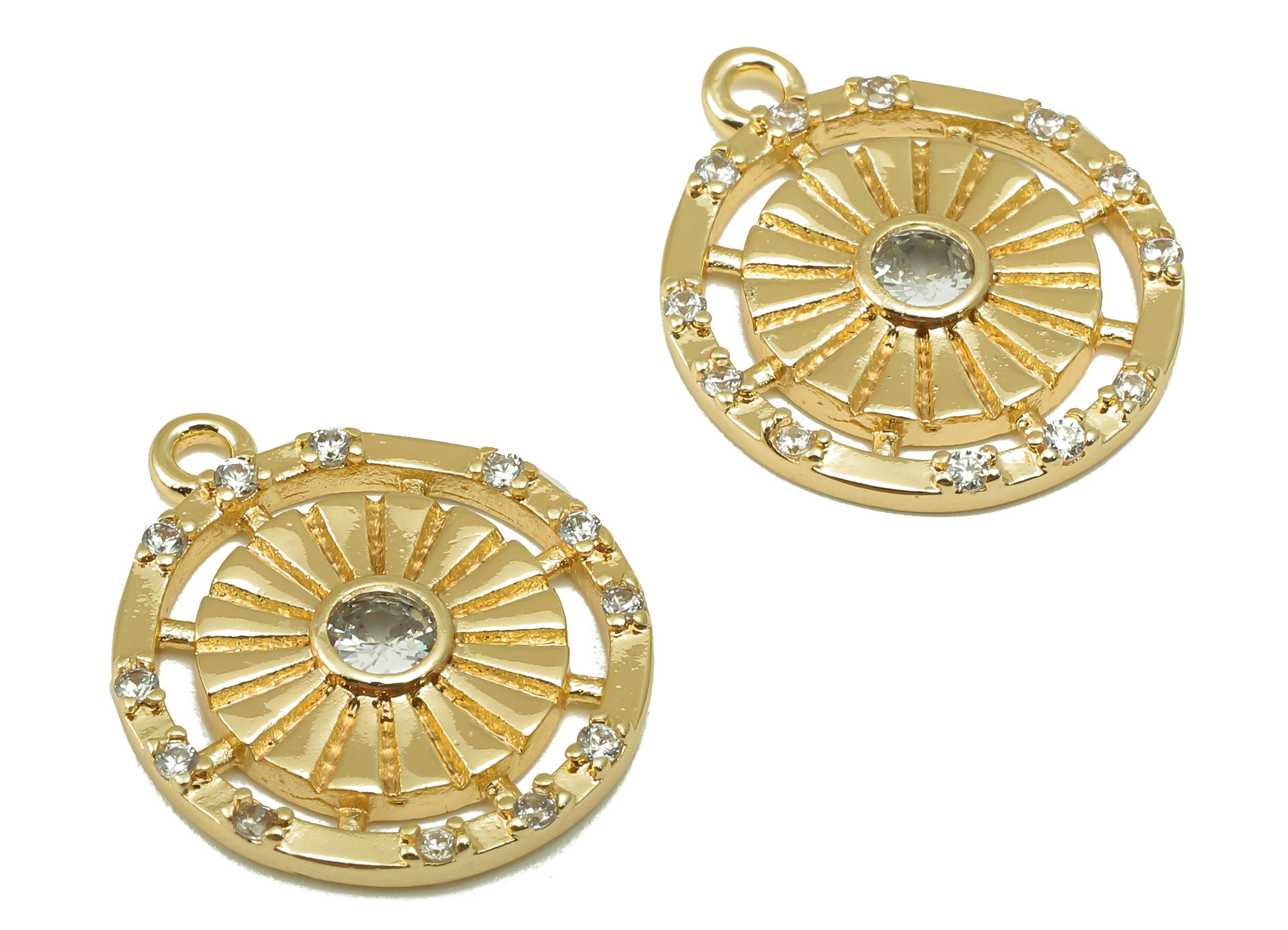 Brass Round Earring Charms - Brass Cubic Zircon Compass Pendant - 18K Real Gold Plated Brass - Jewelry Supplies -20.6x 17x 2.32mm - RGP6651 - DOMEDBAZAAR