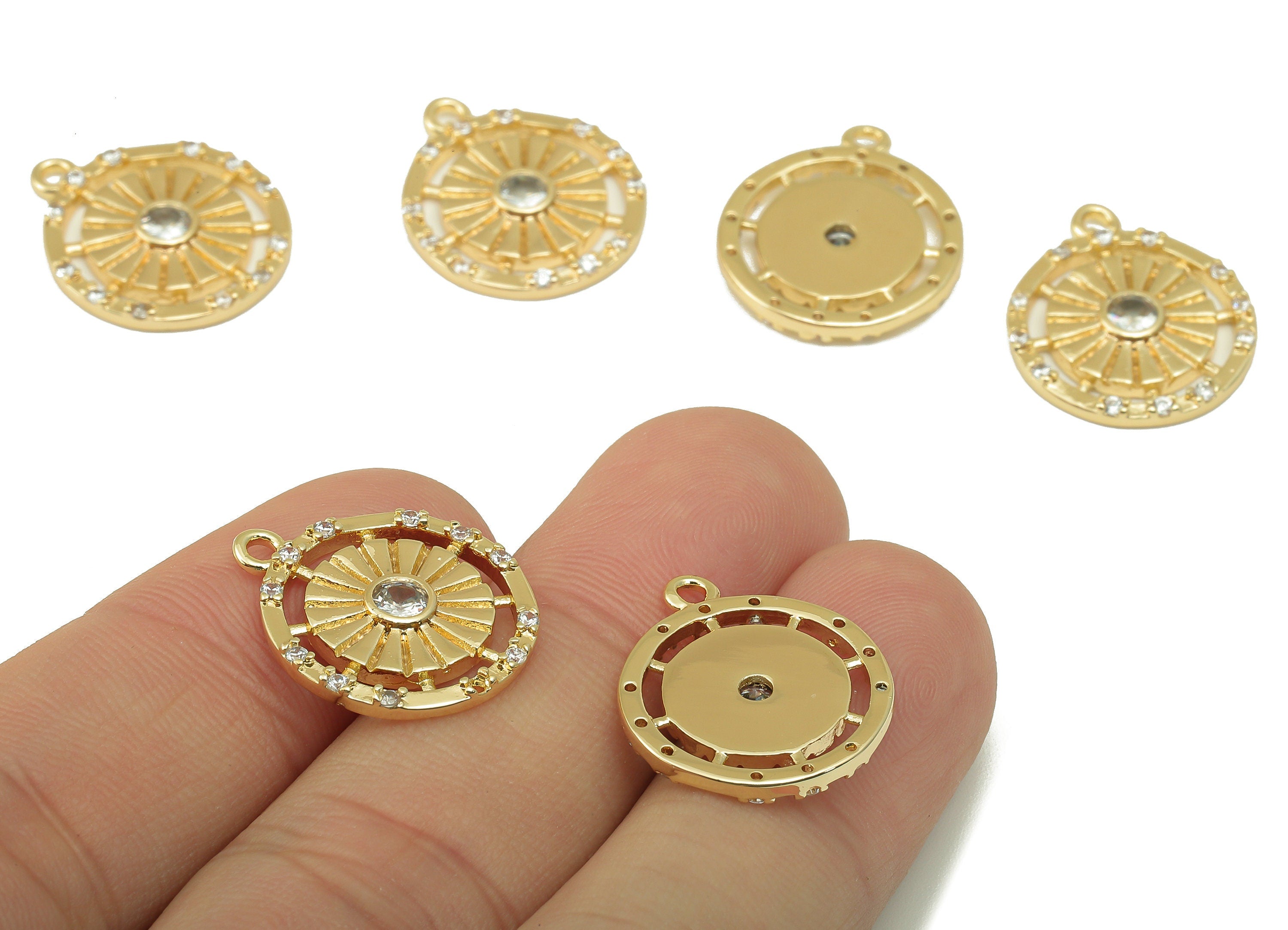 Brass Round Earring Charms - Brass Cubic Zircon Compass Pendant - 18K Real Gold Plated Brass - Jewelry Supplies -20.6x 17x 2.32mm - RGP6651 - DOMEDBAZAAR