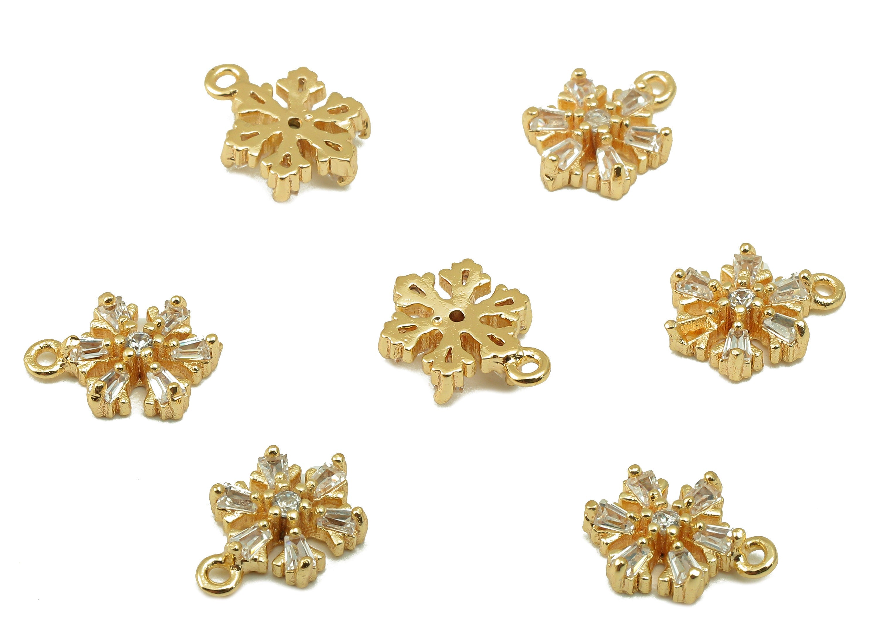 Brass Snowflake Earring Charm - Brass Cubic Zircon Pendant - Textured Shining Snowflake Charm -18K Real Gold Plated -10.3x7.3x2.6mm- RGP6653 - DOMEDBAZAAR