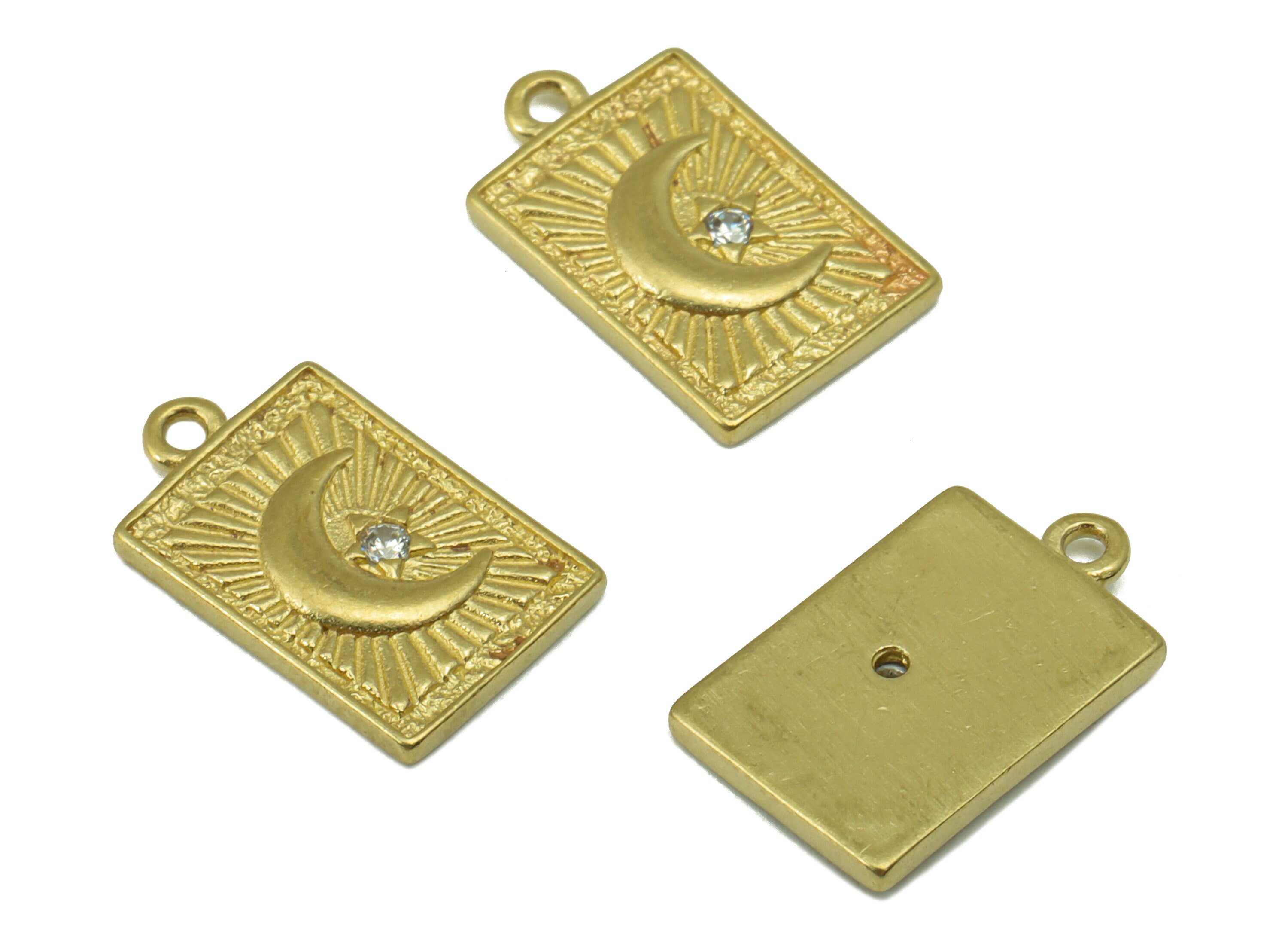 Brass Rectangle Charm - Raw Brass Crescent CZ Pendant - Textured Cubic Zirconia Star Earring Charm - For Necklace -14x 8.68x 1.35mm - PP8531 - DOMEDBAZAAR