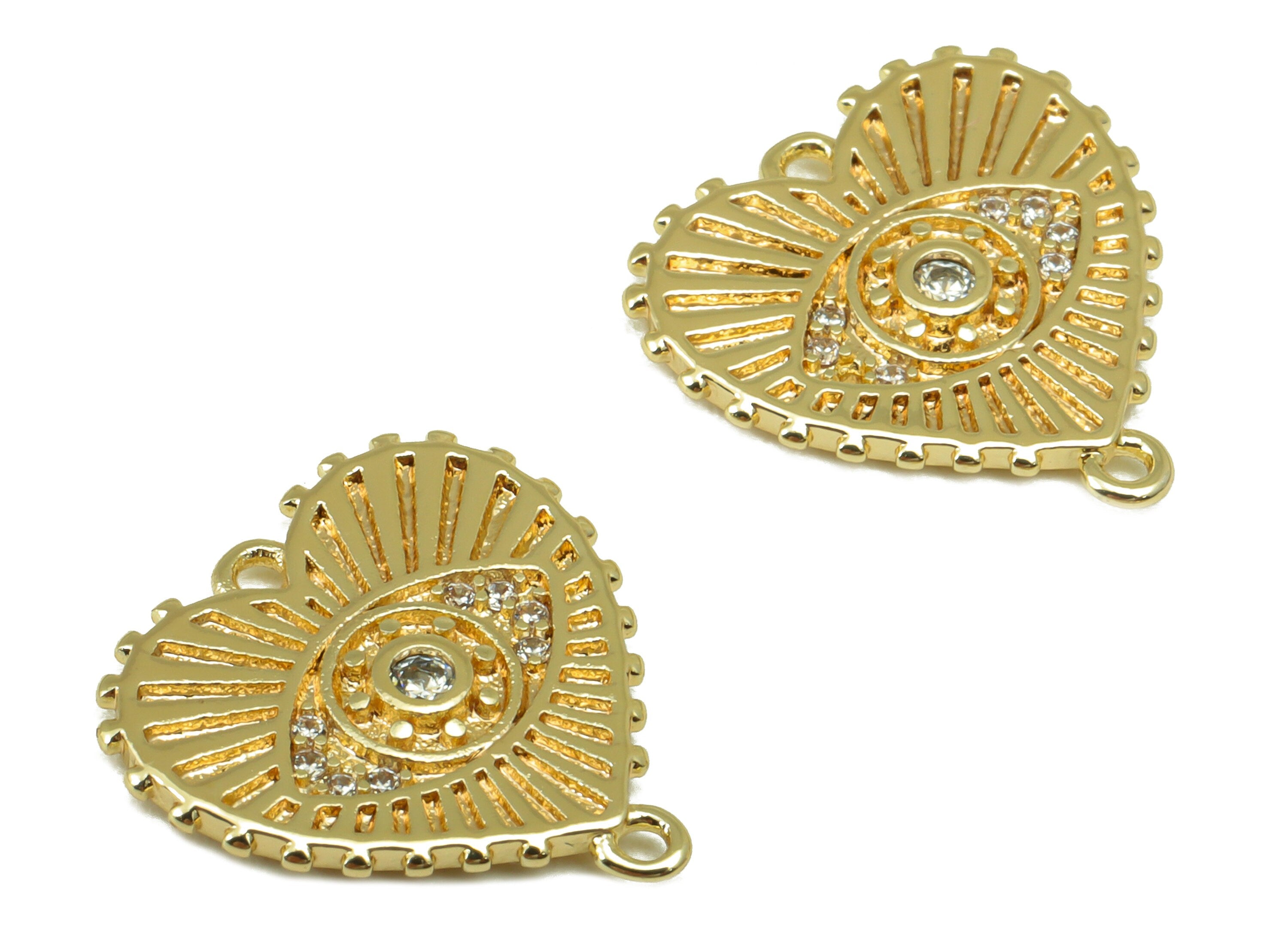 Brass Heart Connector -Cubic Zircon Textured Eye Earring Charm -Eye CZ Pendant - For Necklace- 18K Real Gold Plated -14.9x 14.4x1mm- RGP6507 - DOMEDBAZAAR