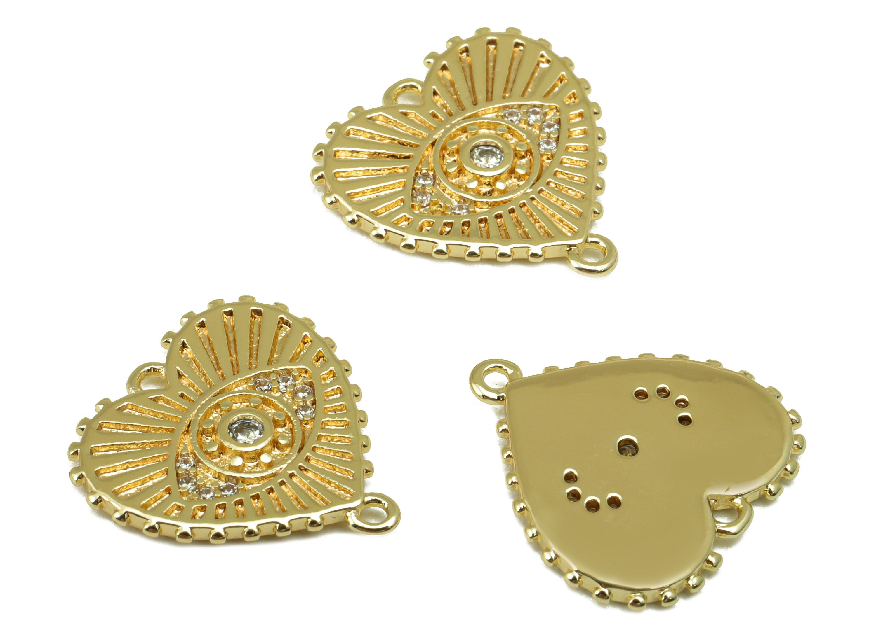 Brass Heart Connector -Cubic Zircon Textured Eye Earring Charm -Eye CZ Pendant - For Necklace- 18K Real Gold Plated -14.9x 14.4x1mm- RGP6507 - DOMEDBAZAAR