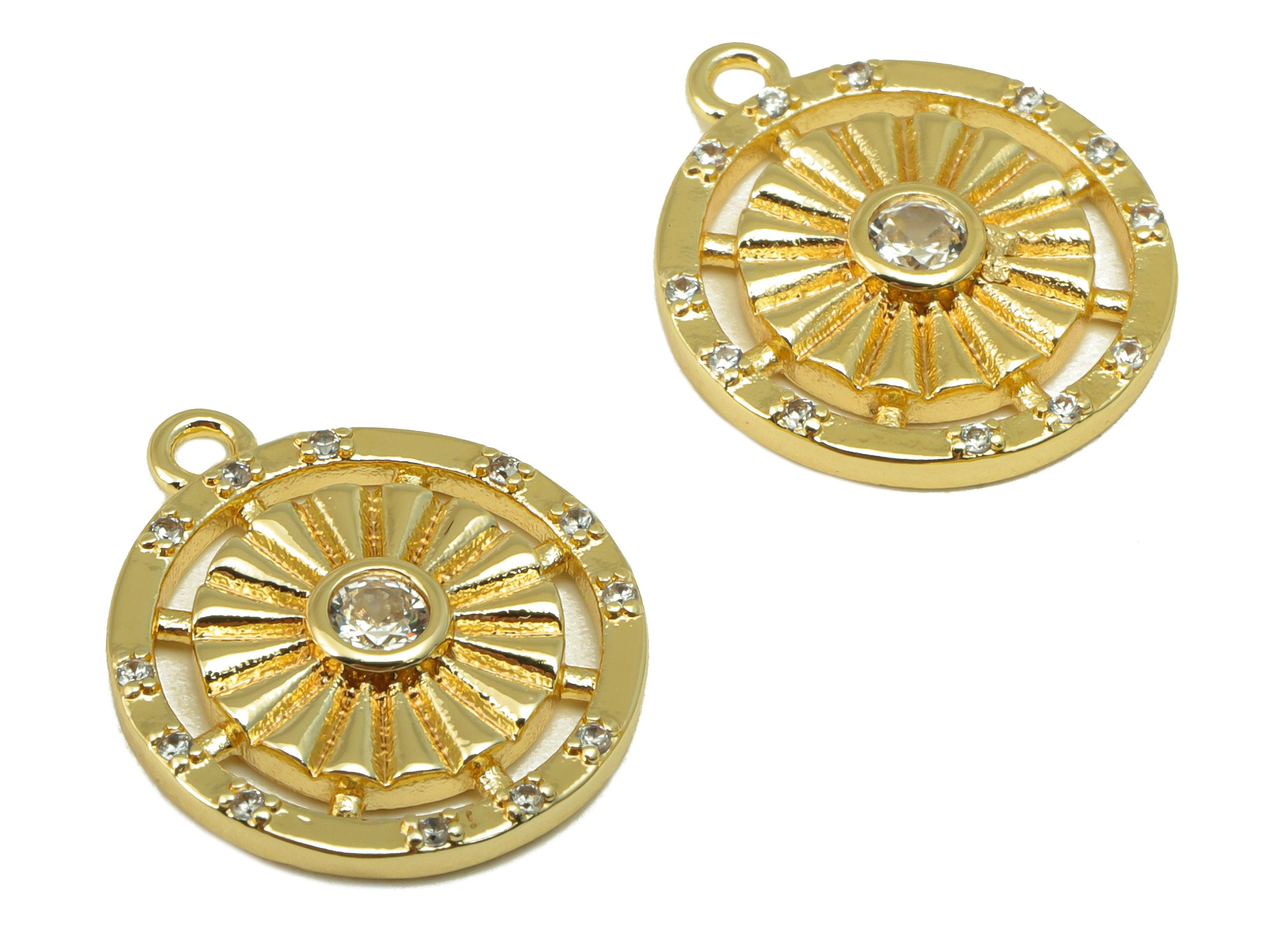Brass Round Earring Charm - Cubic Zircon Textured Sun Charm -Flower Wavy Pendant - For Necklace- 18K Real Gold Plated -17x15x3mm- RGP6509 - DOMEDBAZAAR